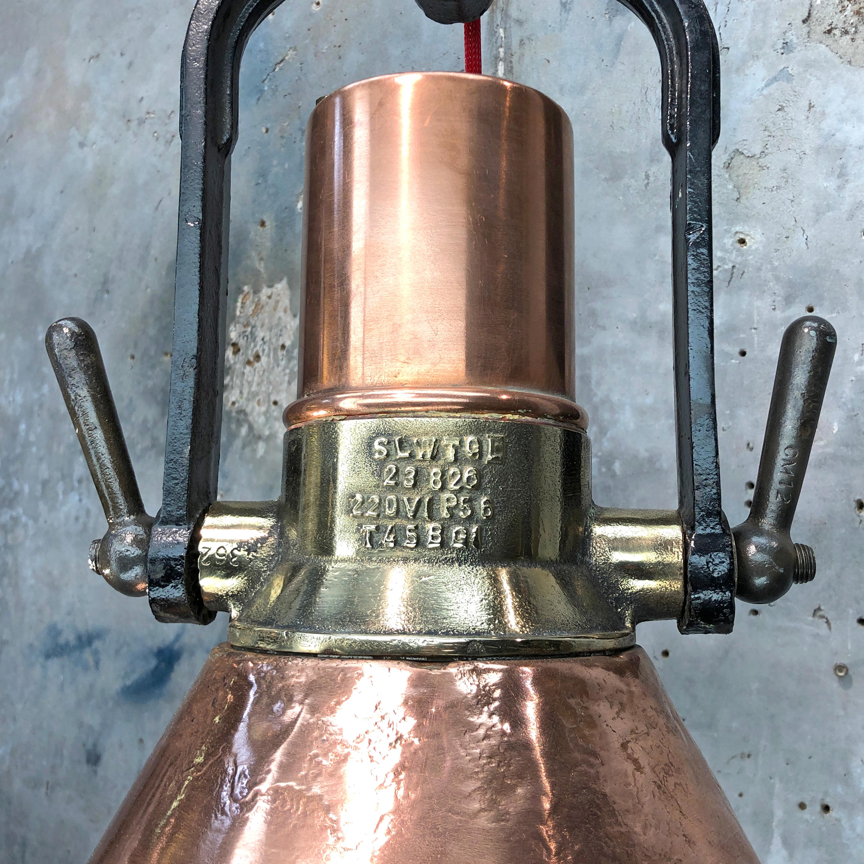 Midcentury Large Industrial German Copper, Brass, Cast Iron Gantry Pendant Lamp For Sale 4
