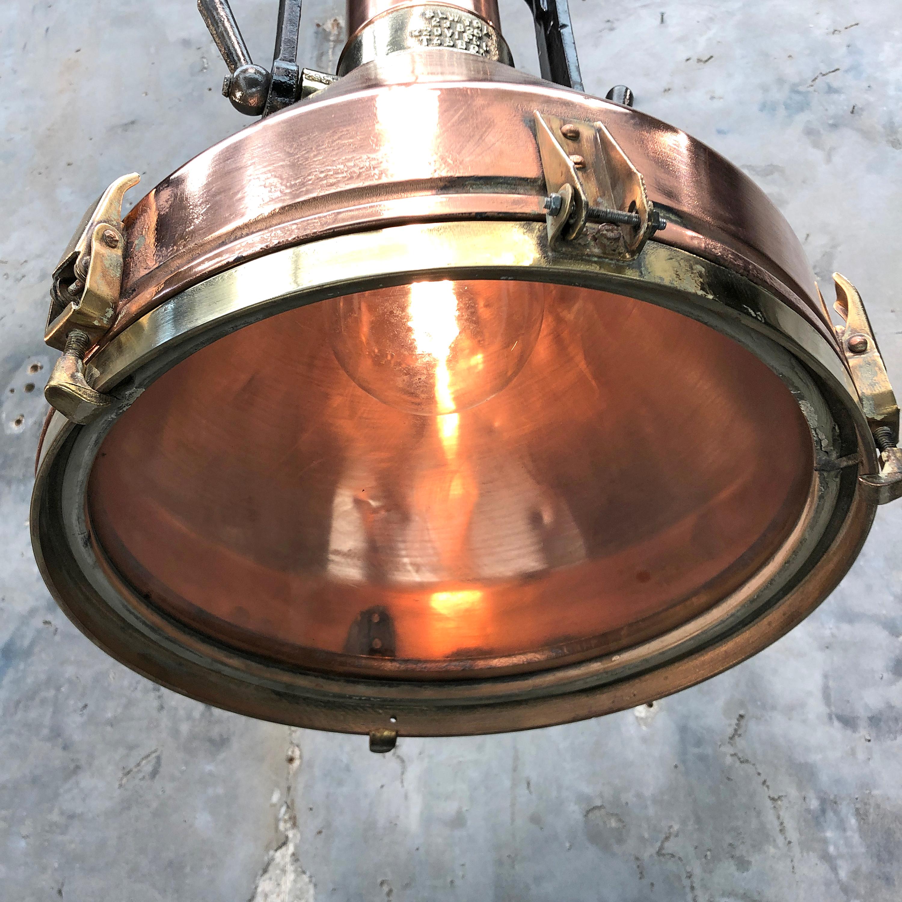 Midcentury Large Industrial German Copper, Brass, Cast Iron Gantry Pendant Lamp For Sale 5