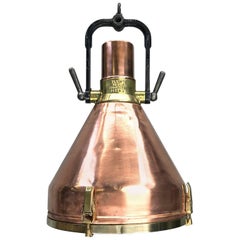Vintage Midcentury Large Industrial German Copper, Brass, Cast Iron Gantry Pendant Lamp