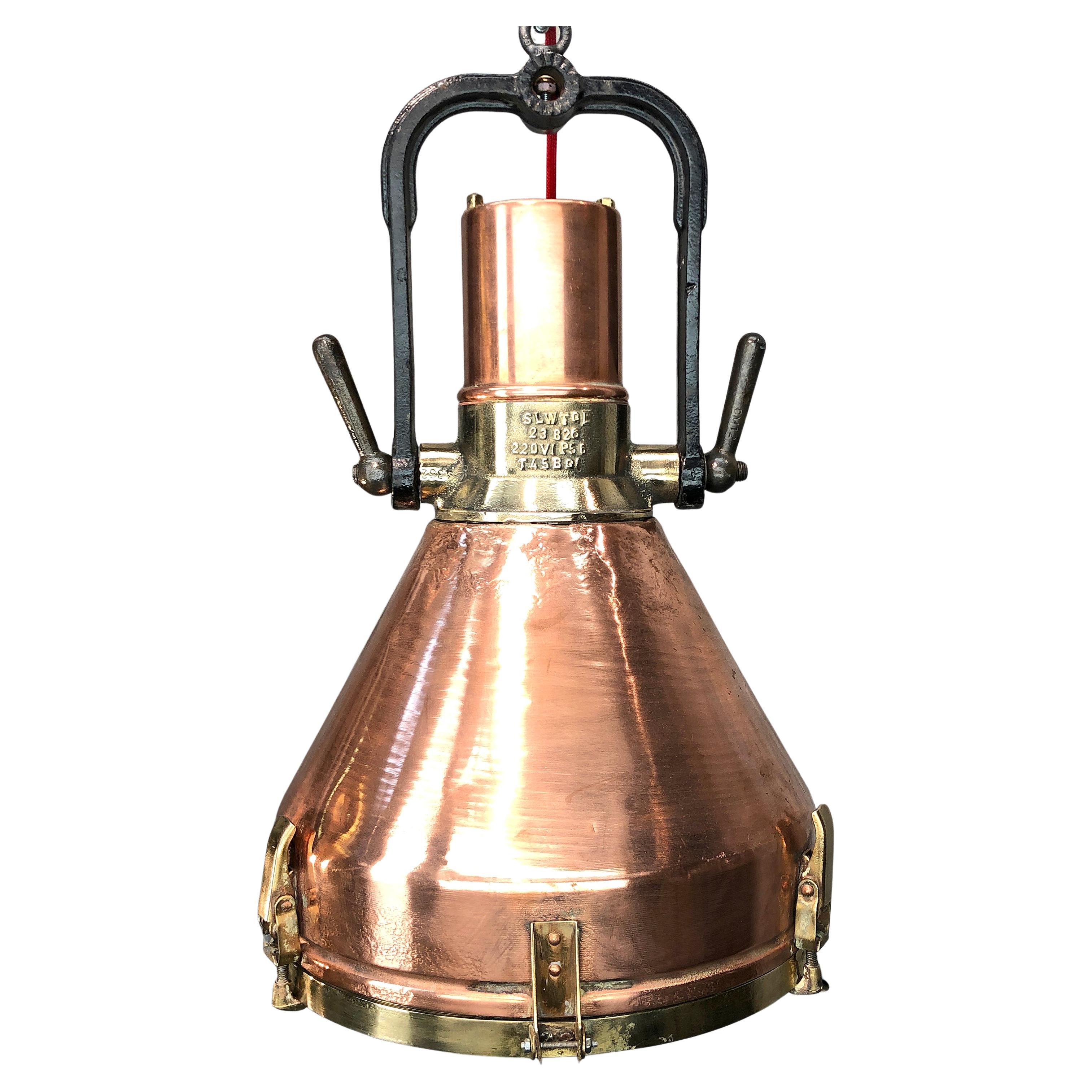 Midcentury Large Industrial German Copper, Brass, Cast Iron Gantry Pendant Lamp