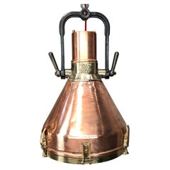 Midcentury Large Industrial German Copper, Brass, Cast Iron Gantry Pendant Lamp