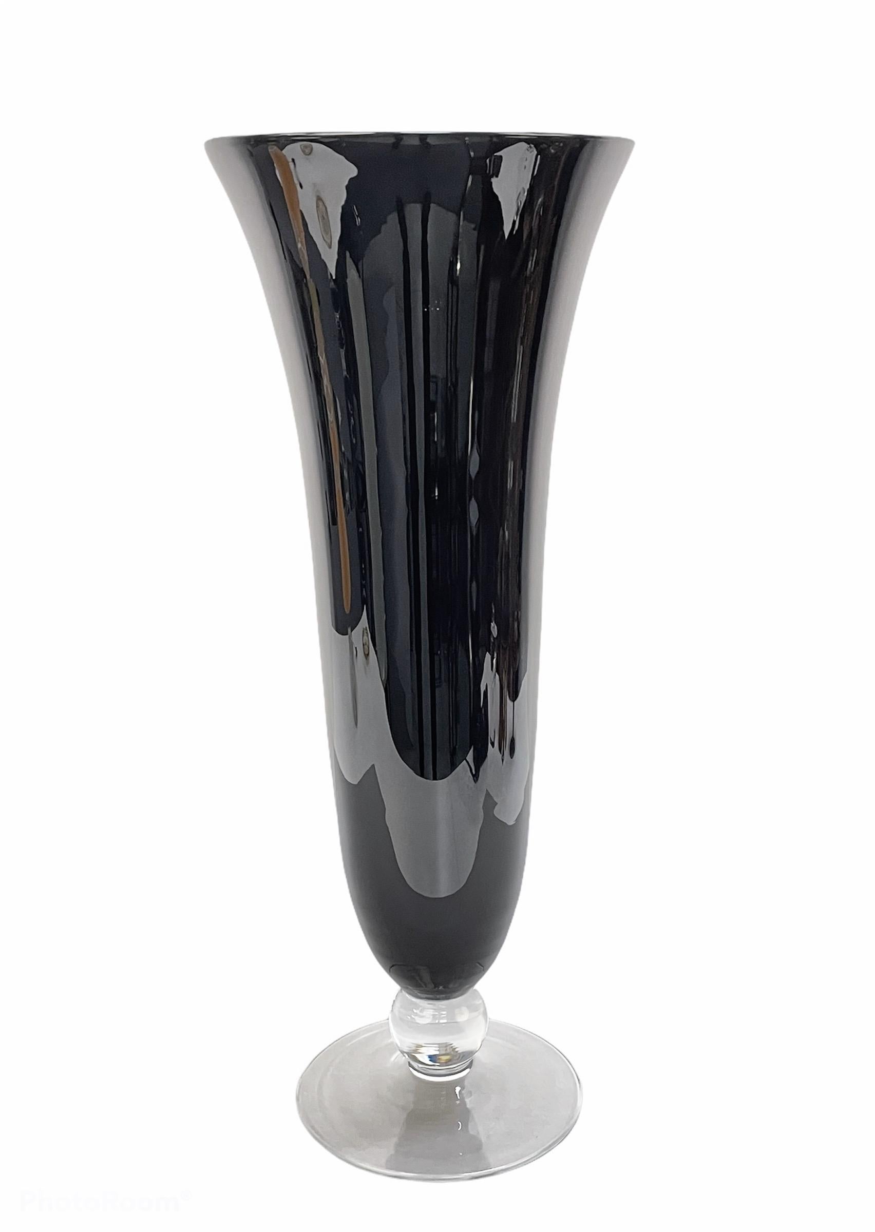 Midcentury Large Italian Black Glass Artistic Vase with Crystal Base, 1980s For Sale 2