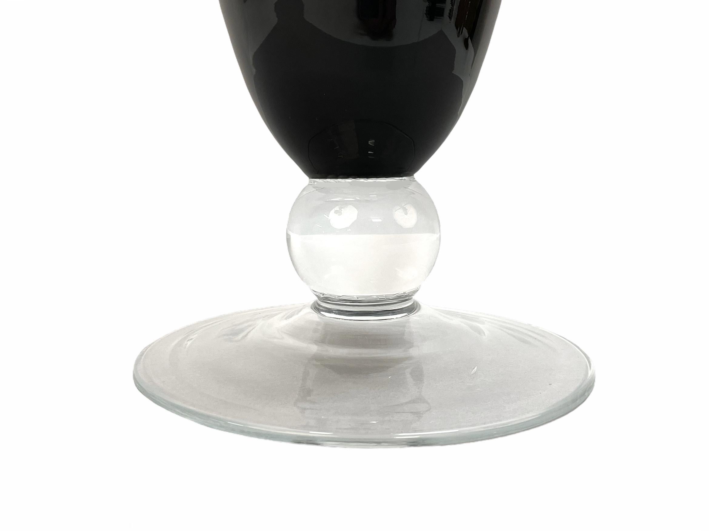 Midcentury Large Italian Black Glass Artistic Vase with Crystal Base, 1980s For Sale 3