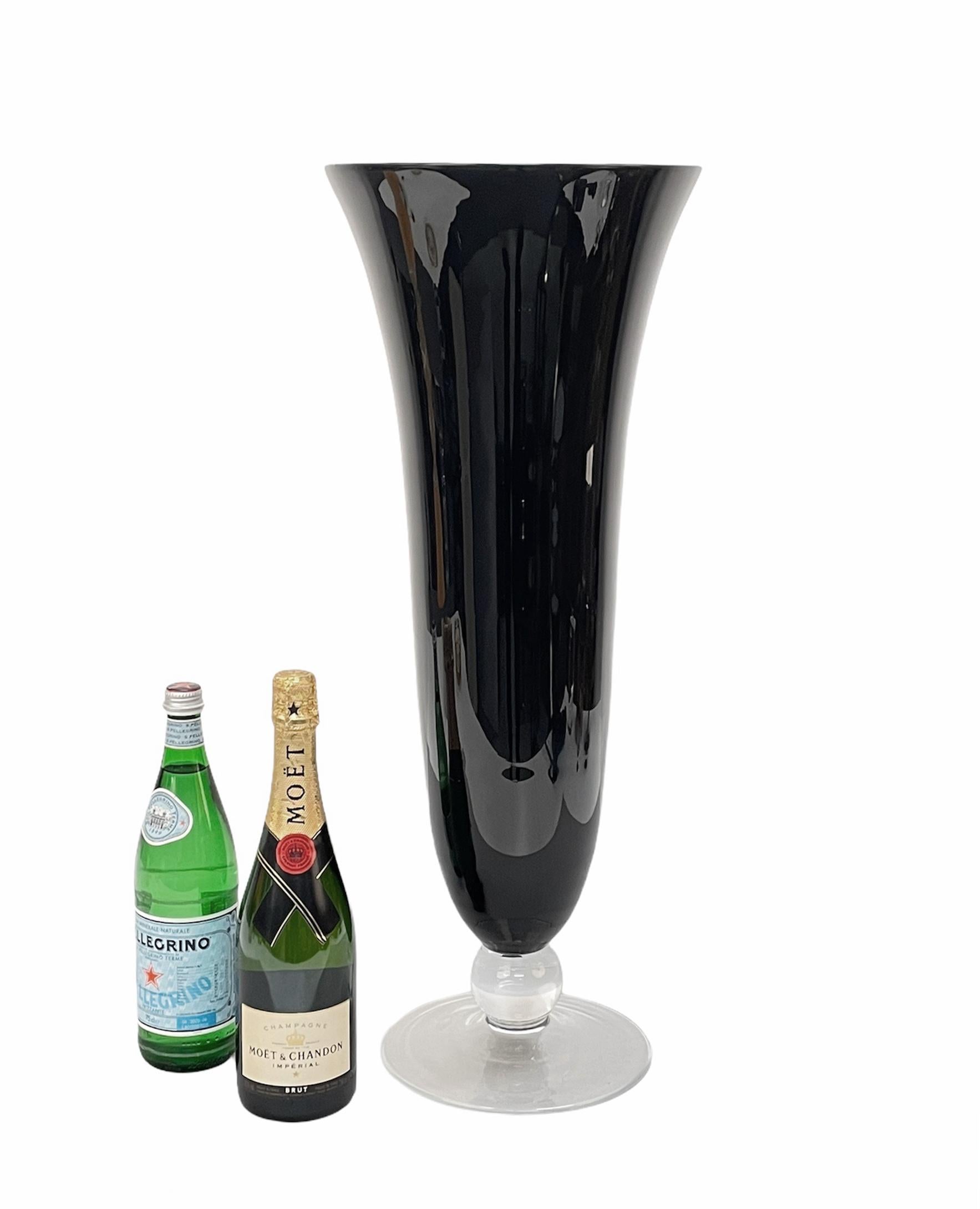Midcentury Large Italian Black Glass Artistic Vase with Crystal Base, 1980s For Sale 4