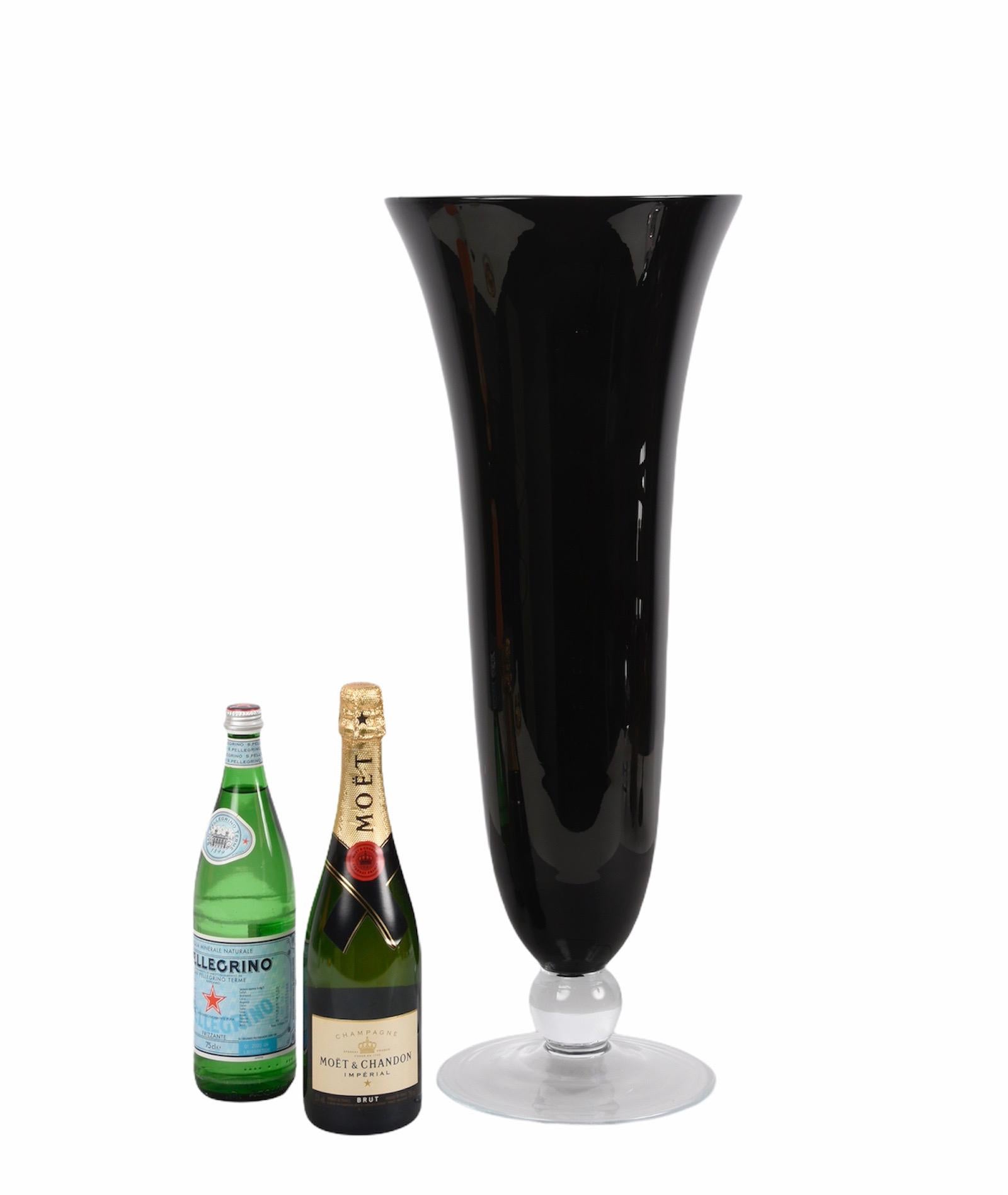 Midcentury Large Italian Black Glass Artistic Vase with Crystal Base, 1980s For Sale 5