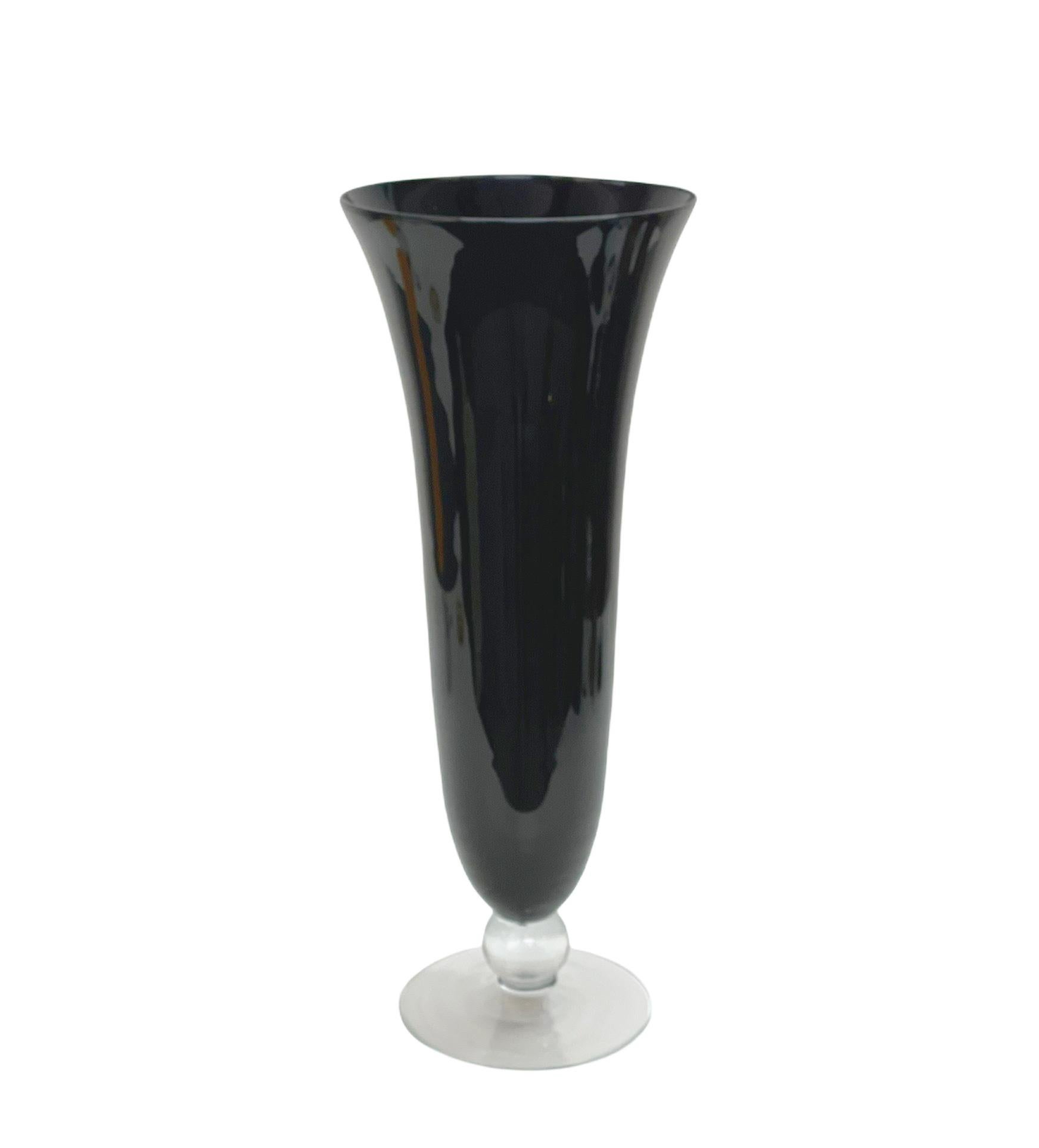 Mid-Century Modern Midcentury Large Italian Black Glass Artistic Vase with Crystal Base, 1980s For Sale
