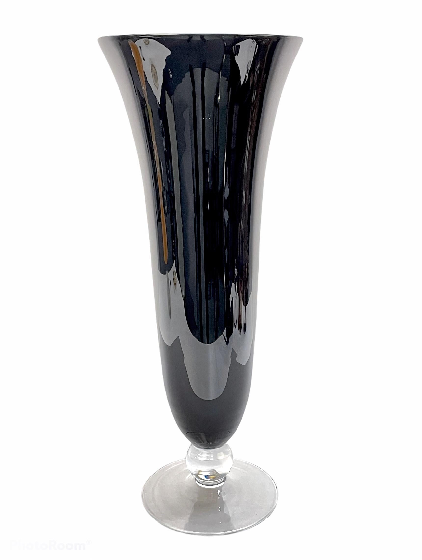 Midcentury Large Italian Black Glass Artistic Vase with Crystal Base, 1980s In Good Condition For Sale In Roma, IT