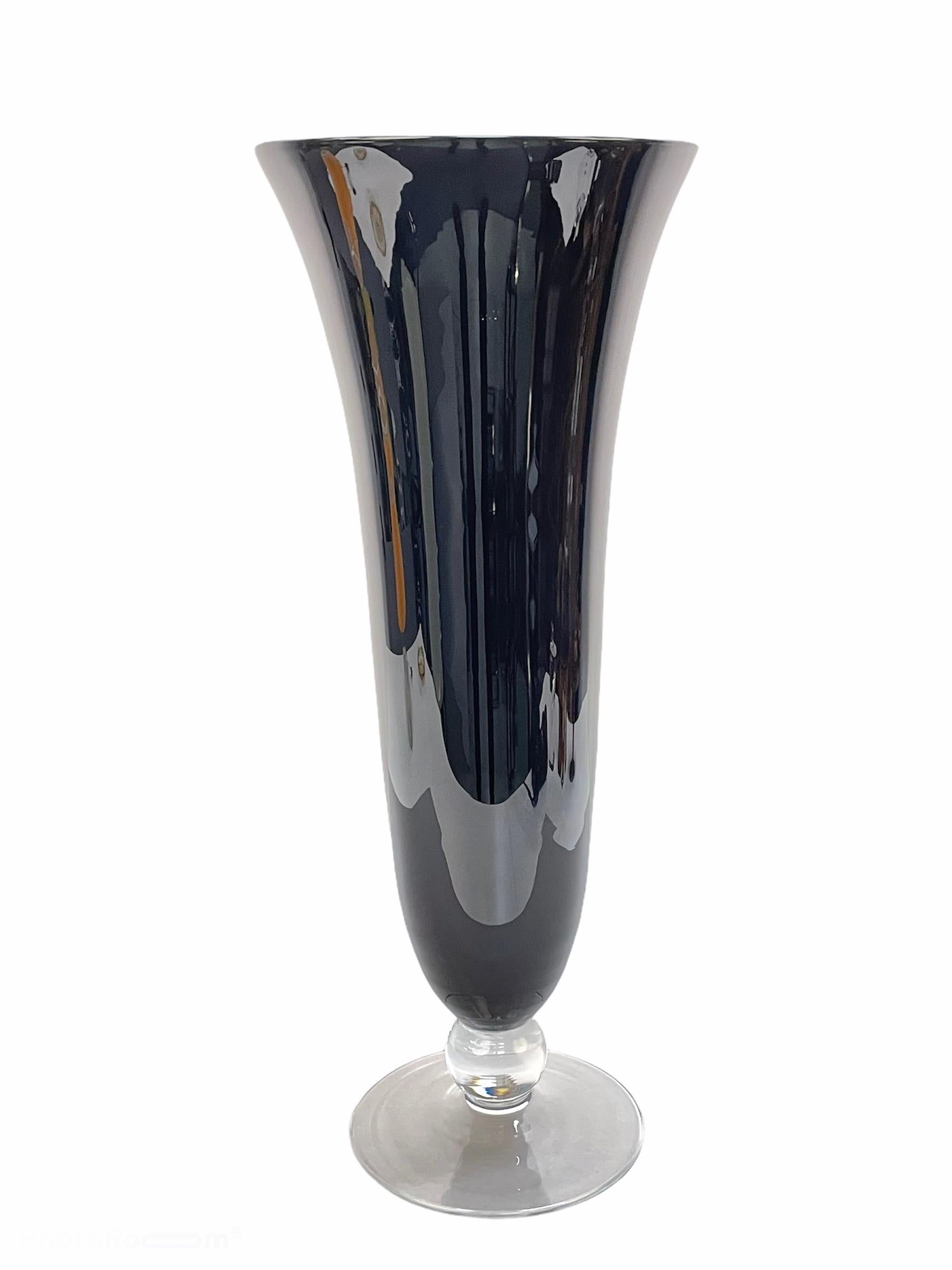 20th Century Midcentury Large Italian Black Glass Artistic Vase with Crystal Base, 1980s For Sale