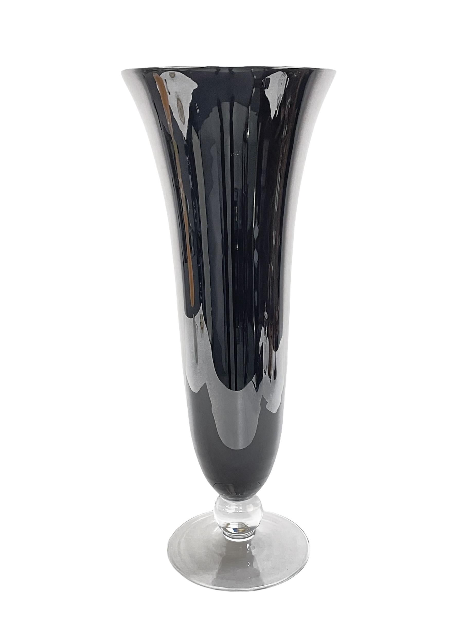 Midcentury Large Italian Black Glass Artistic Vase with Crystal Base, 1980s For Sale 1