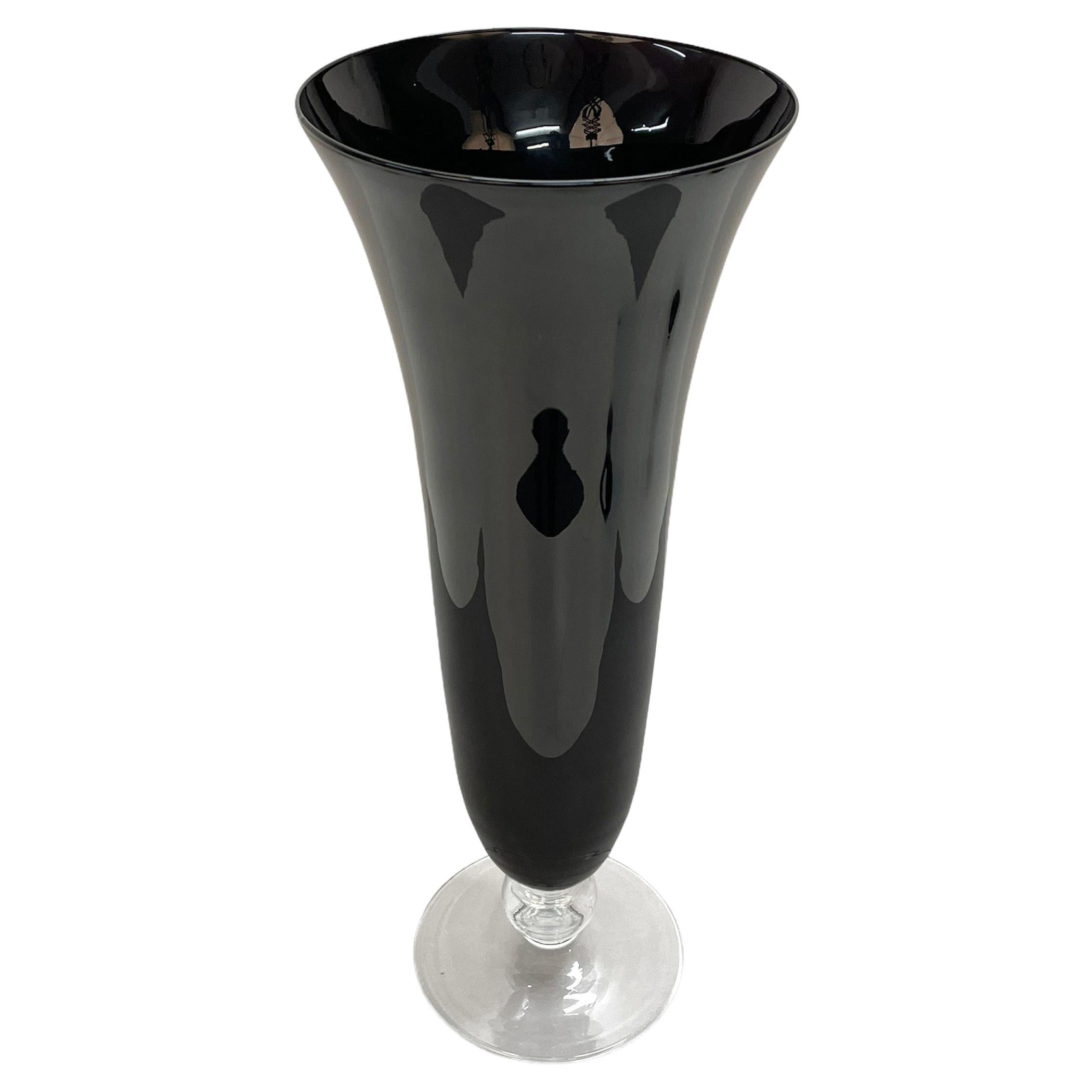 Midcentury Large Italian Black Glass Artistic Vase with Crystal Base, 1980s