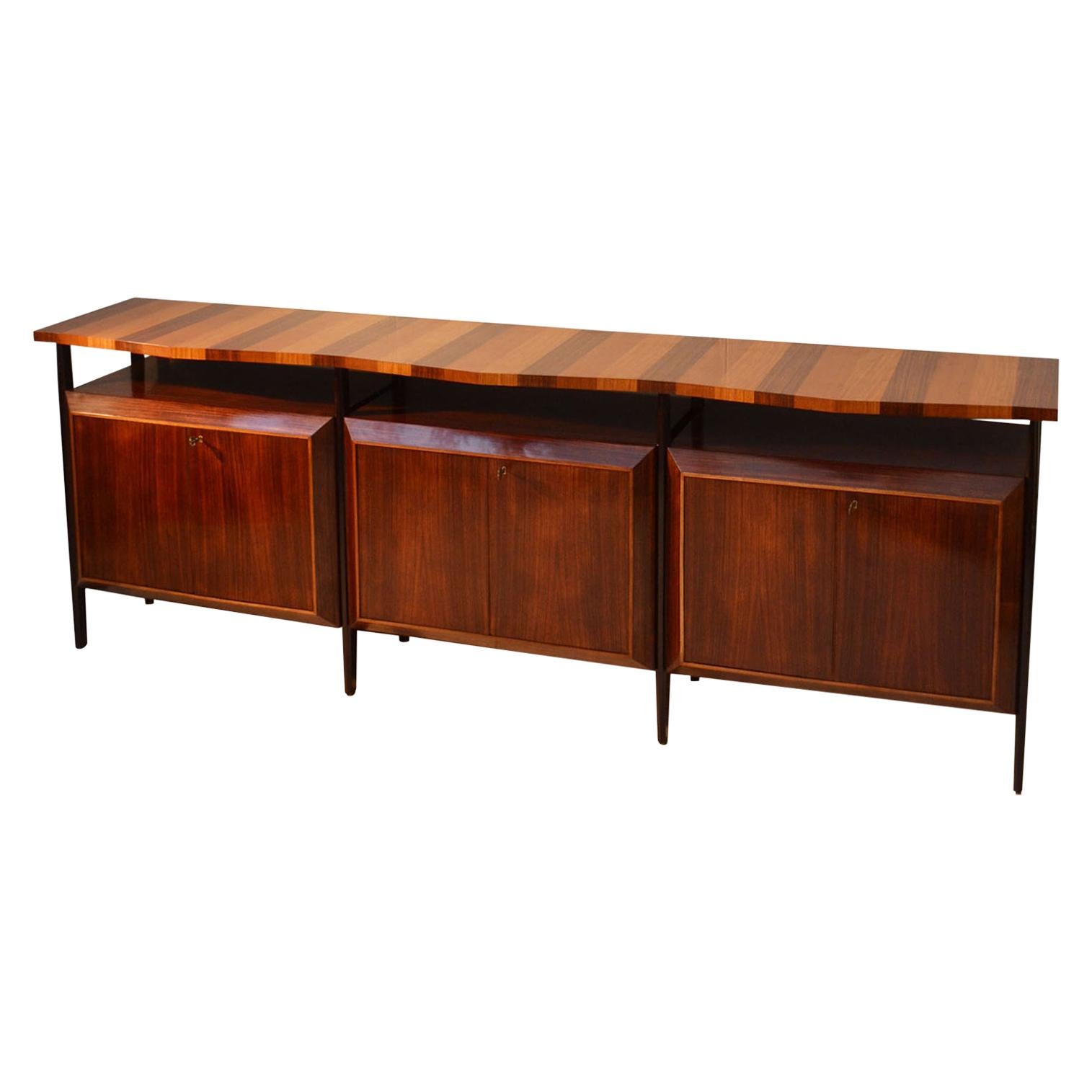 Midcentury Large Italian Credenza in Three Sections Indian Cherry and Rosewood