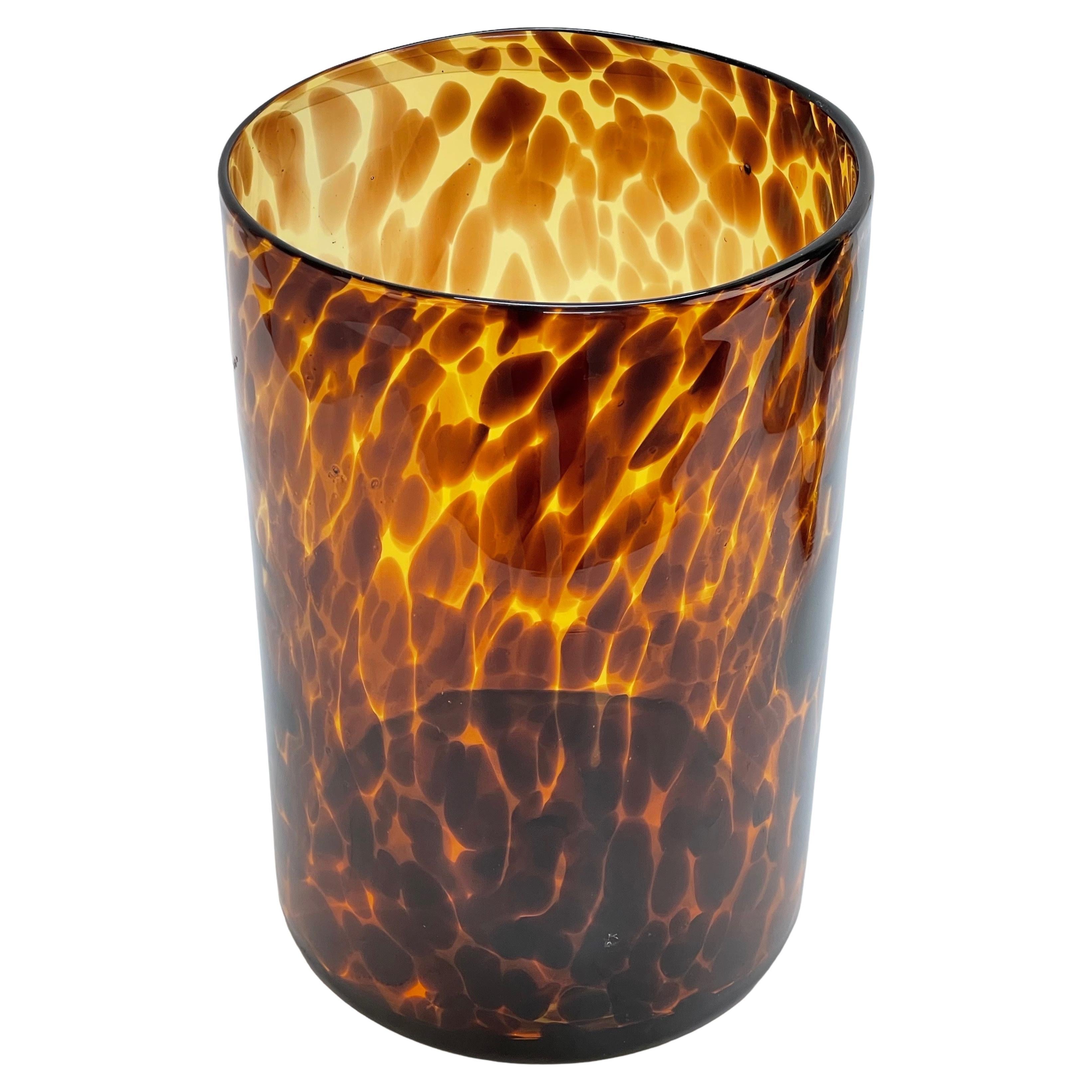 Midcentury Large Italian Orange and Brown Leopard Glass Artistic Vase, 1980s For Sale