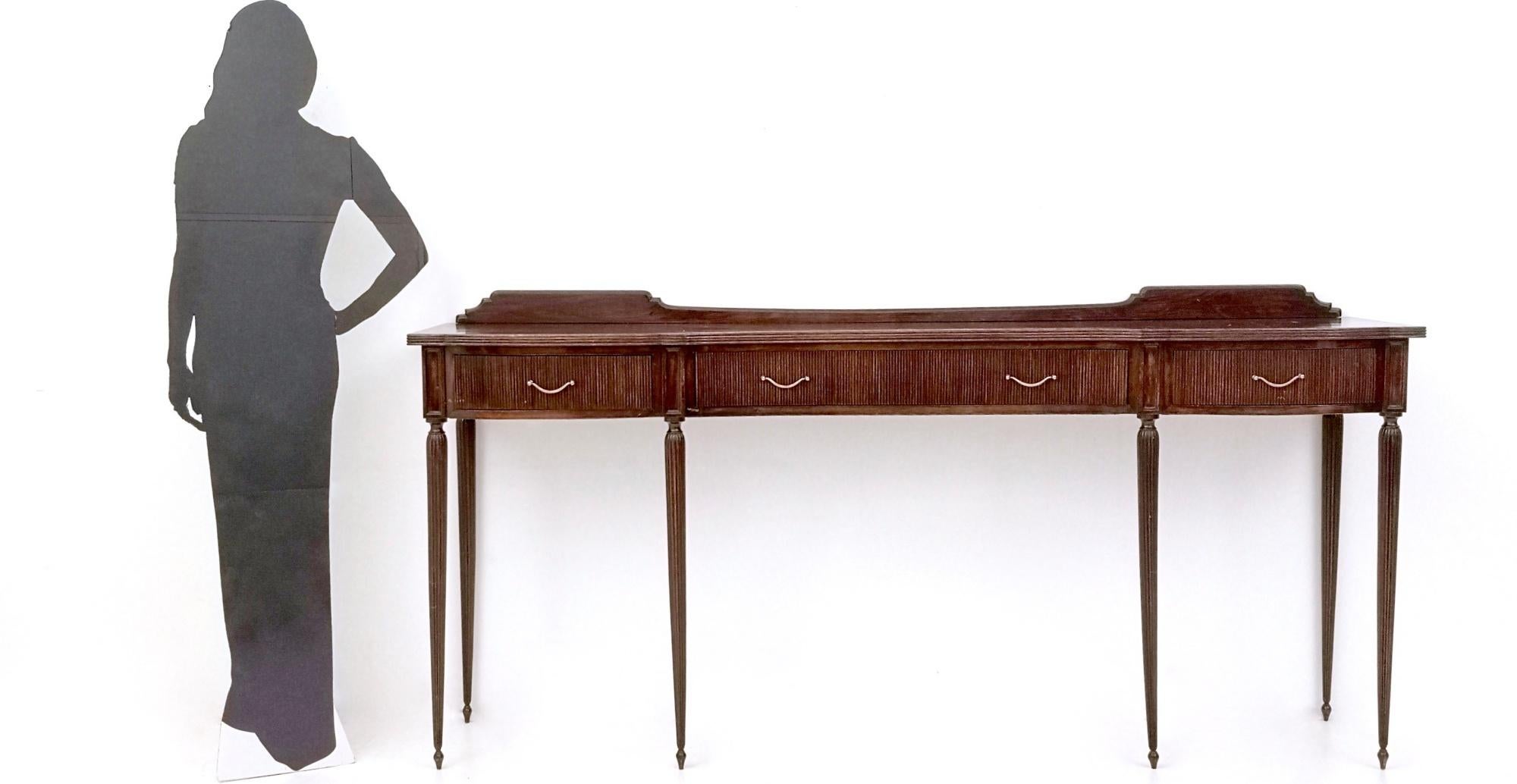 Mid-Century Modern Vintage Large Wooden Console Table with Brass Handles with Four Drawers, Italy