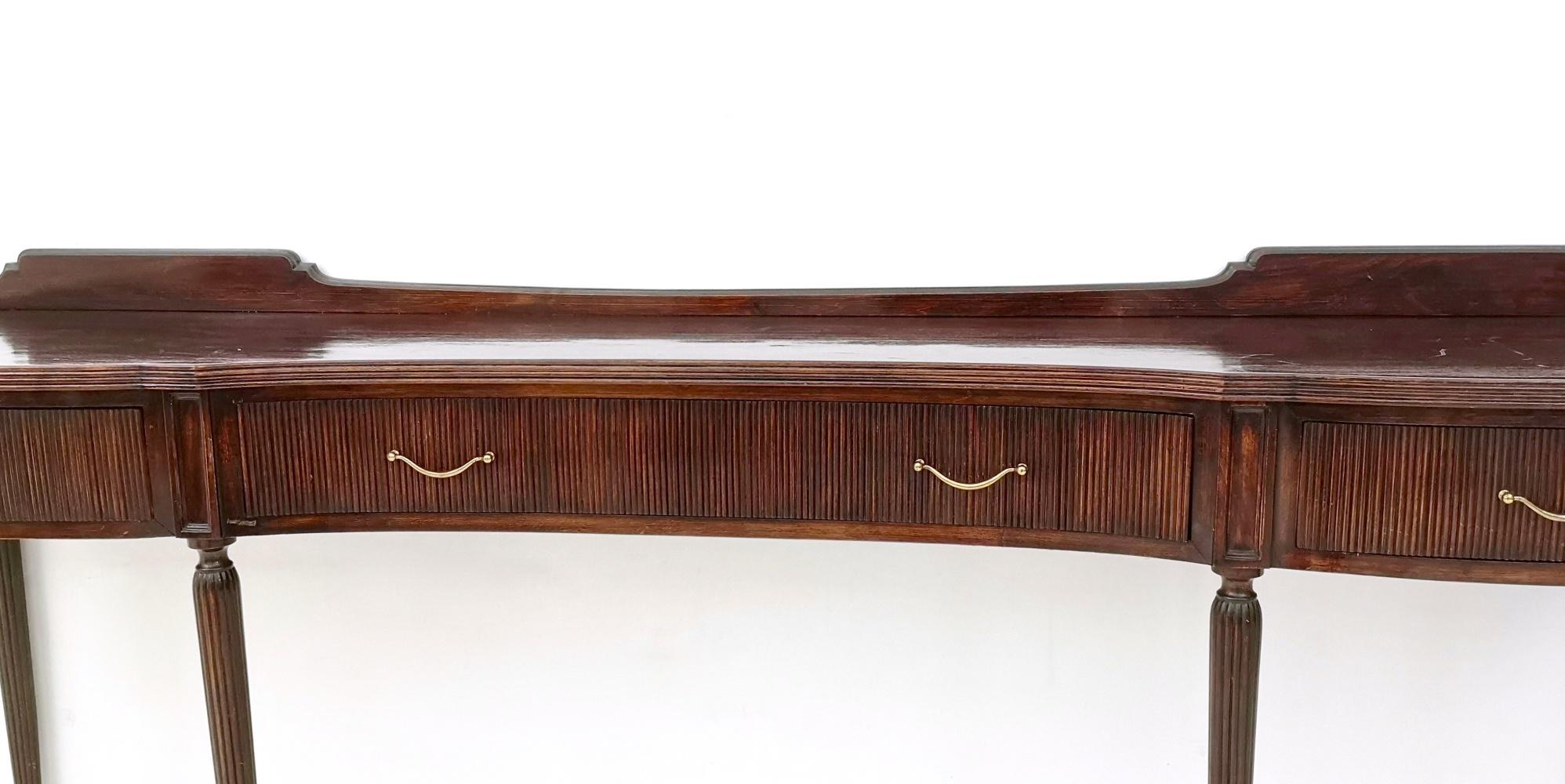 Mid-20th Century Vintage Large Wooden Console Table with Brass Handles with Four Drawers, Italy