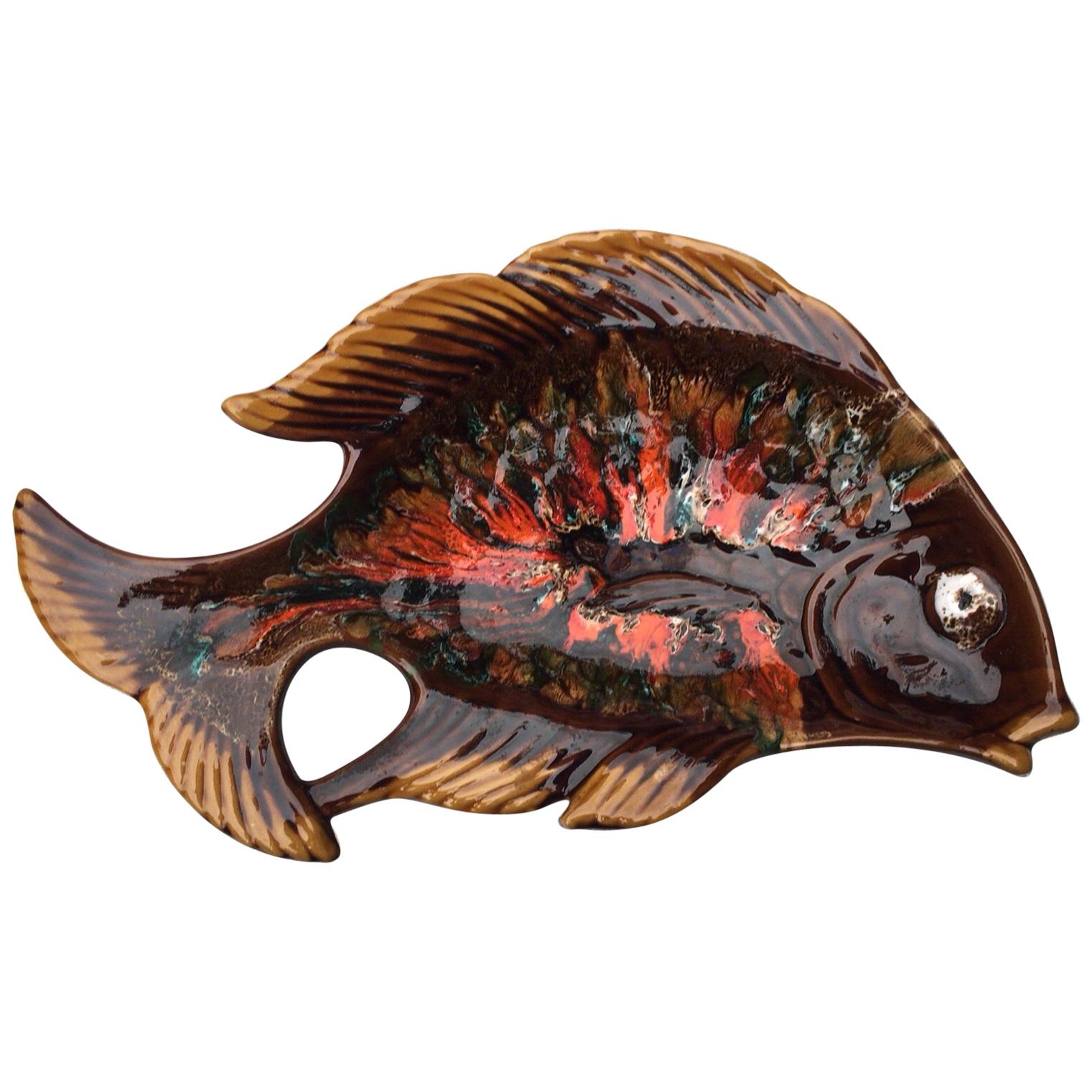Midcentury Large Majolica Fish Platter Vallauris, circa 1950
