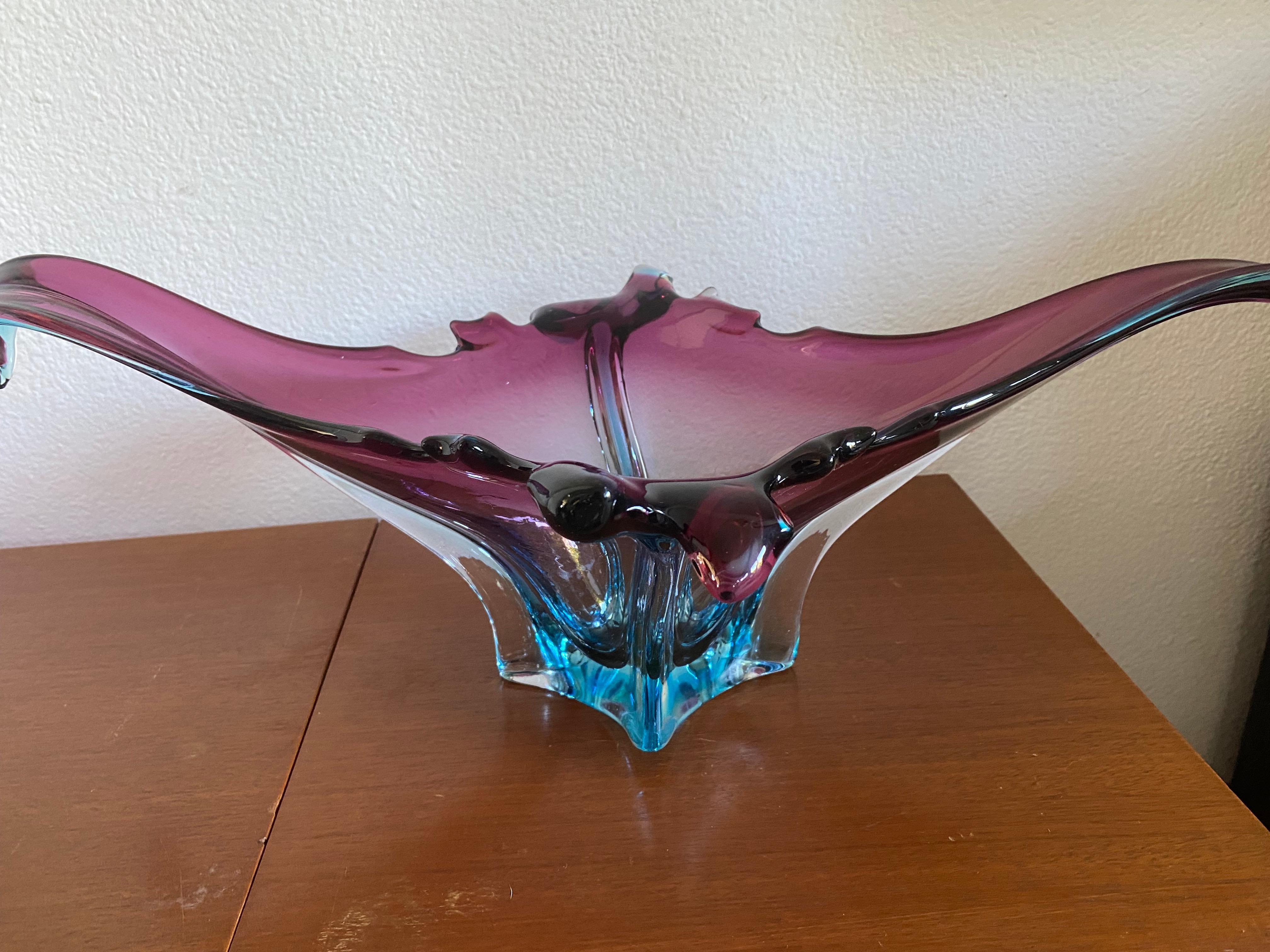 Stunning colored Murano glass fruit bowl in a beautiful shape.