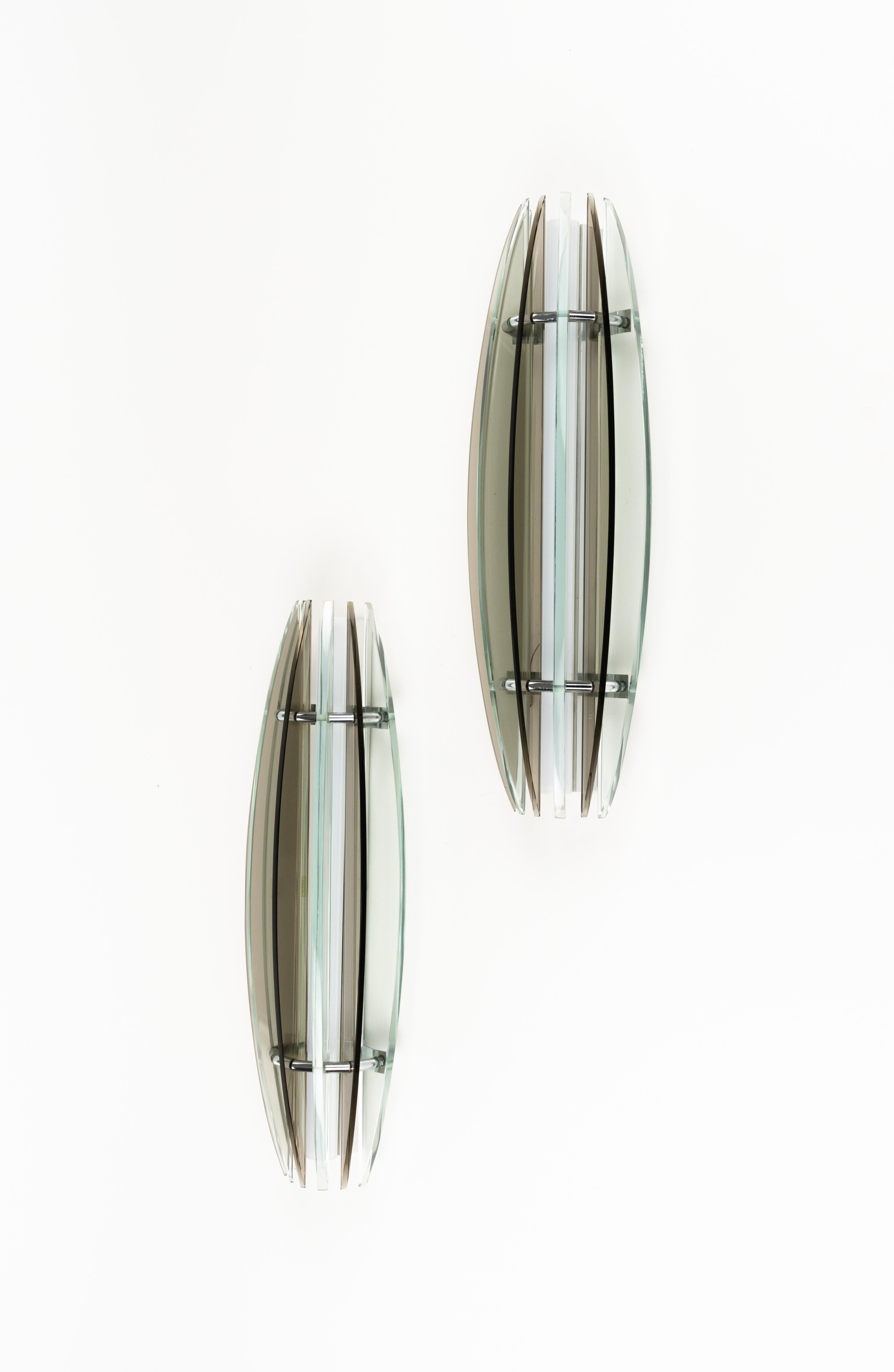 Midcentury Large Pair of Sconces in Colored Glass & Chrome by Veca, Italy, 1970s For Sale 5
