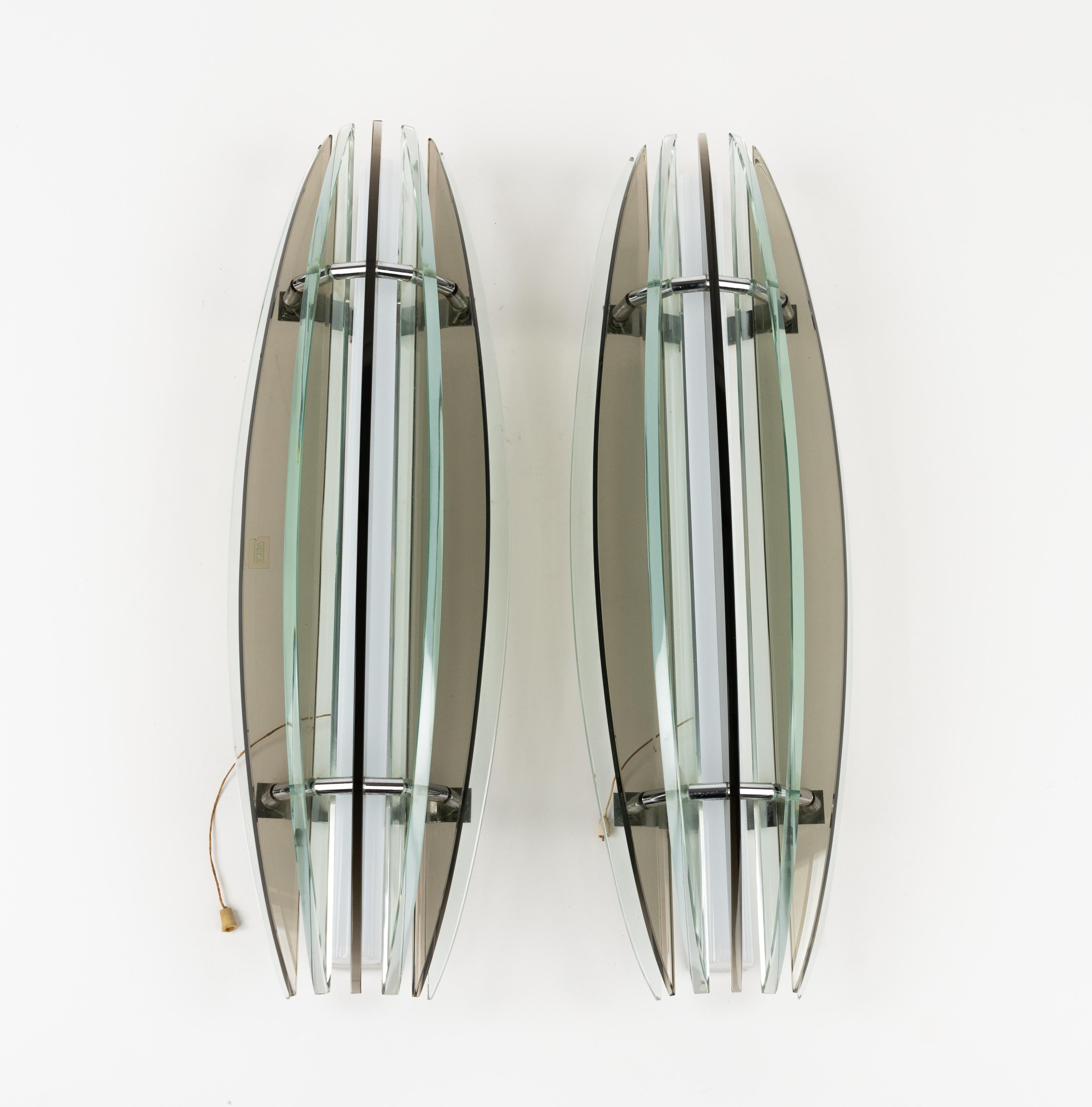Midcentury Large Pair of Sconces in Colored Glass & Chrome by Veca, Italy, 1970s For Sale 7