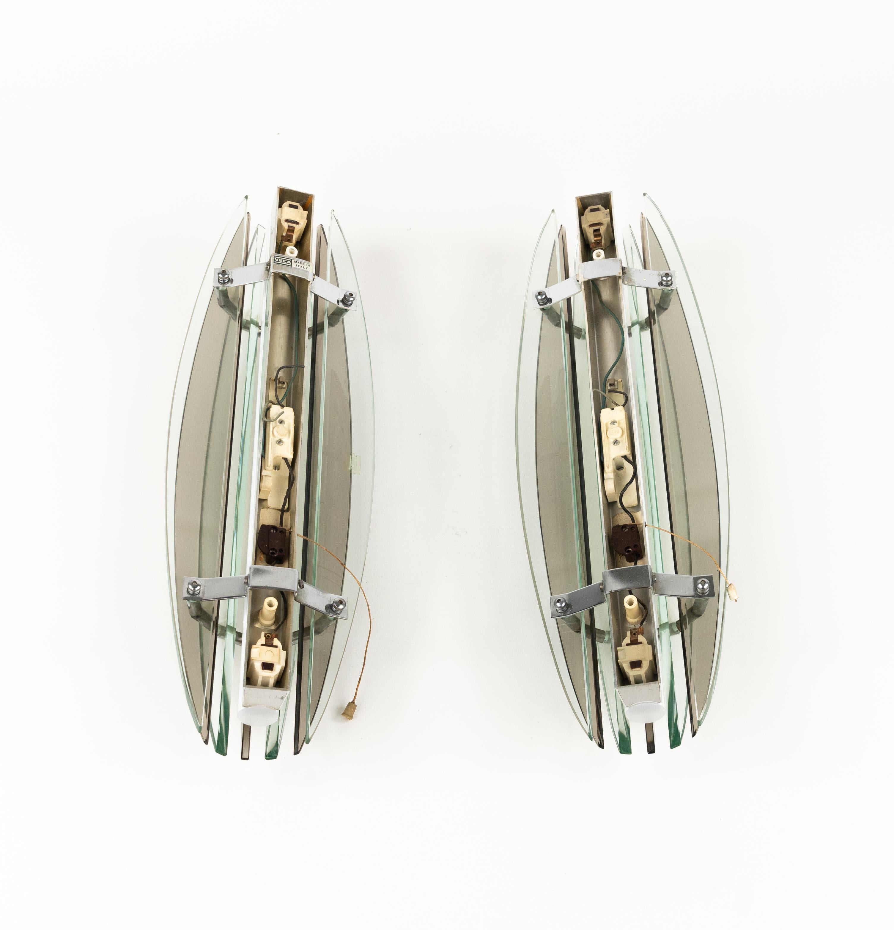 Midcentury Large Pair of Sconces in Colored Glass & Chrome by Veca, Italy, 1970s For Sale 9