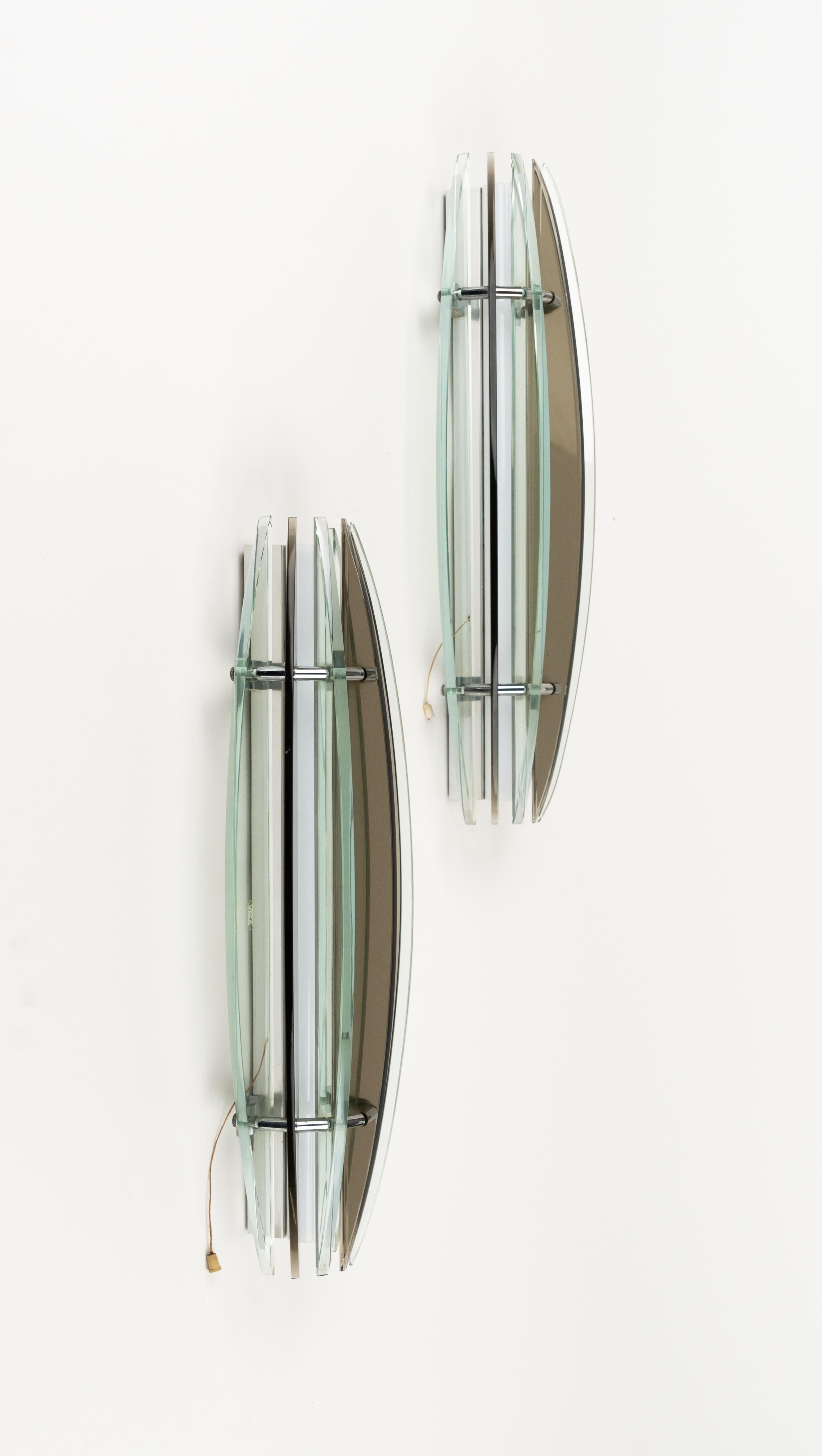 Mid-Century Modern Midcentury Large Pair of Sconces in Colored Glass & Chrome by Veca, Italy, 1970s For Sale