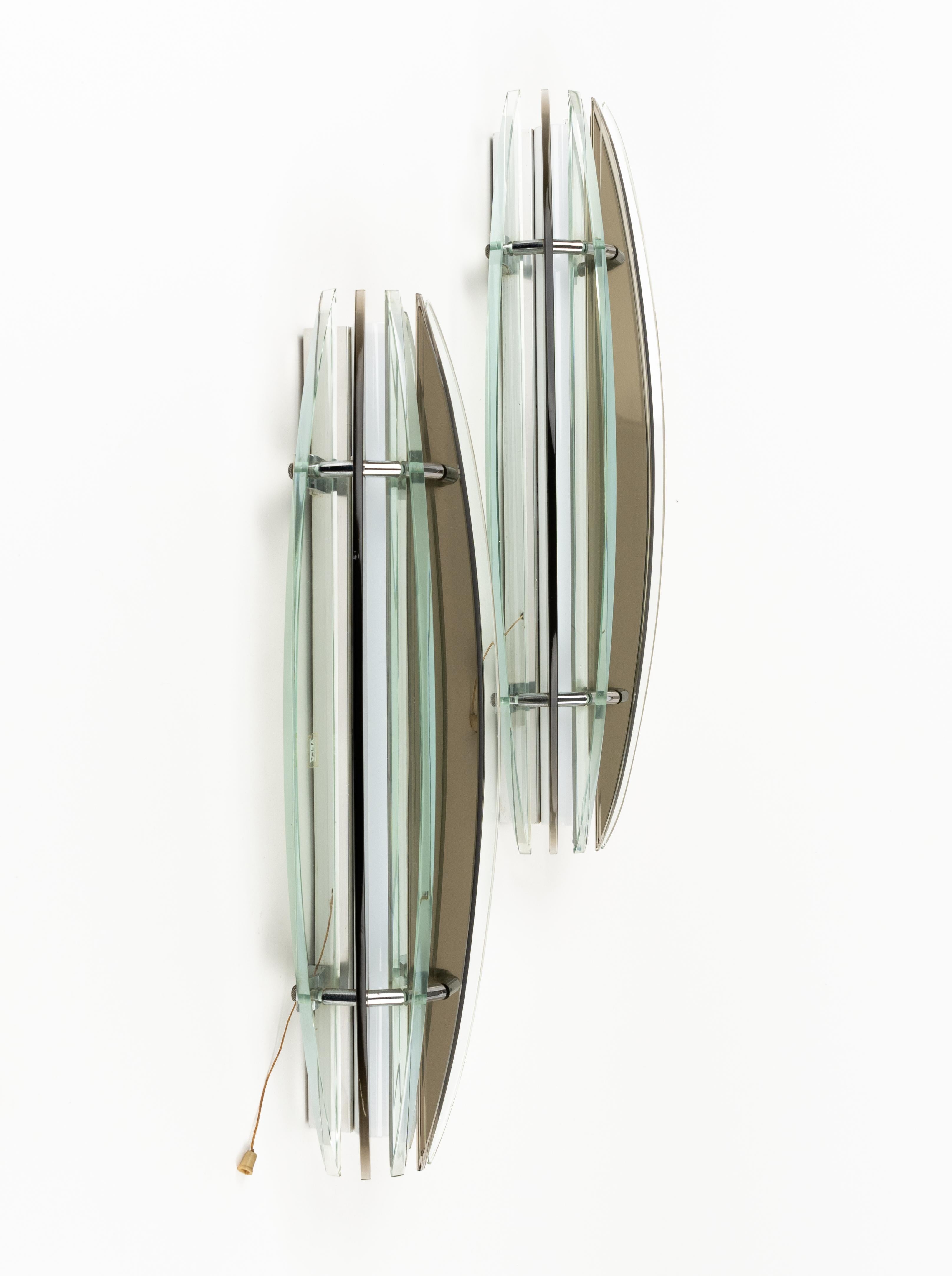 Italian Midcentury Large Pair of Sconces in Colored Glass & Chrome by Veca, Italy, 1970s For Sale