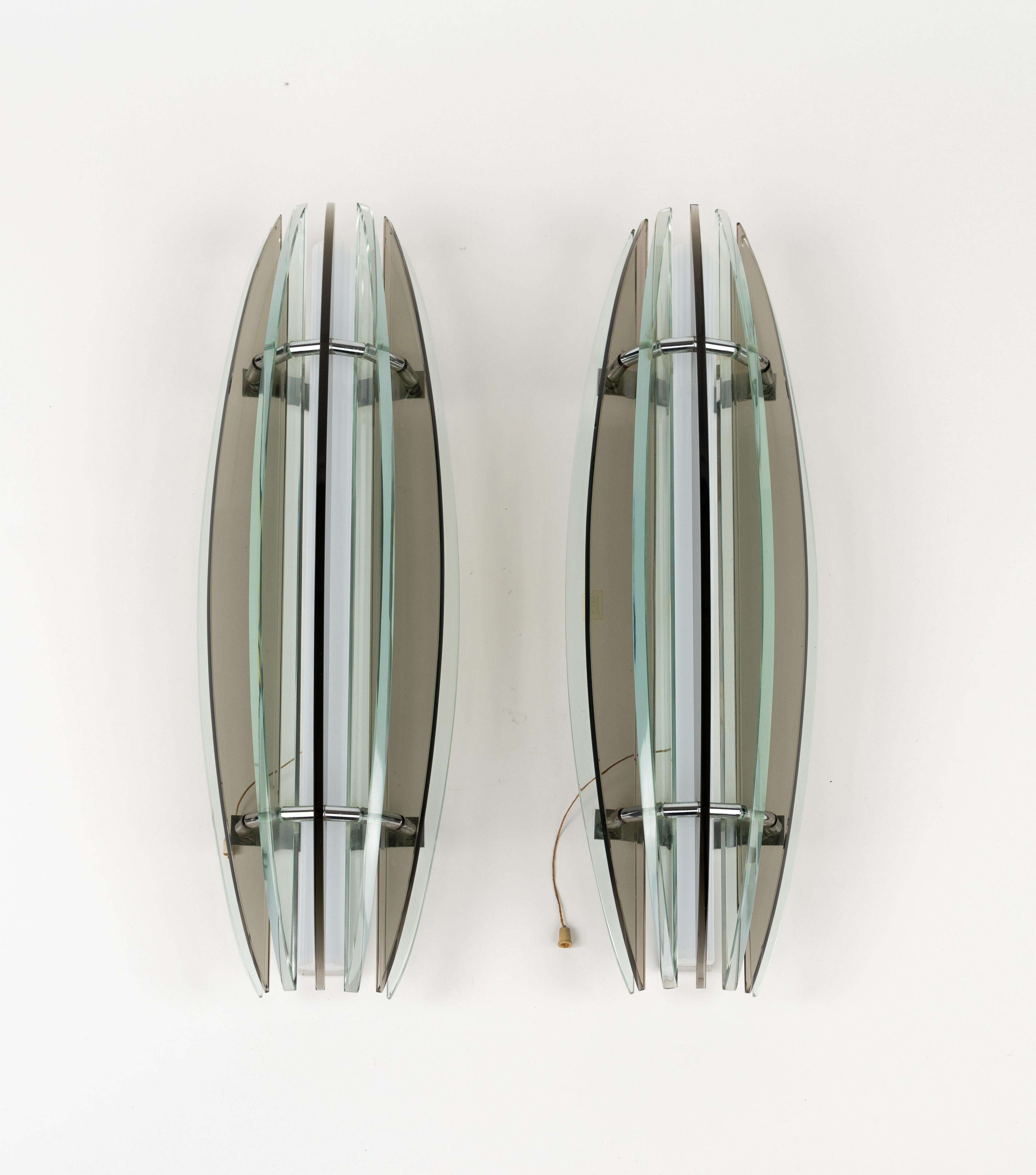 Late 20th Century Midcentury Large Pair of Sconces in Colored Glass & Chrome by Veca, Italy, 1970s For Sale