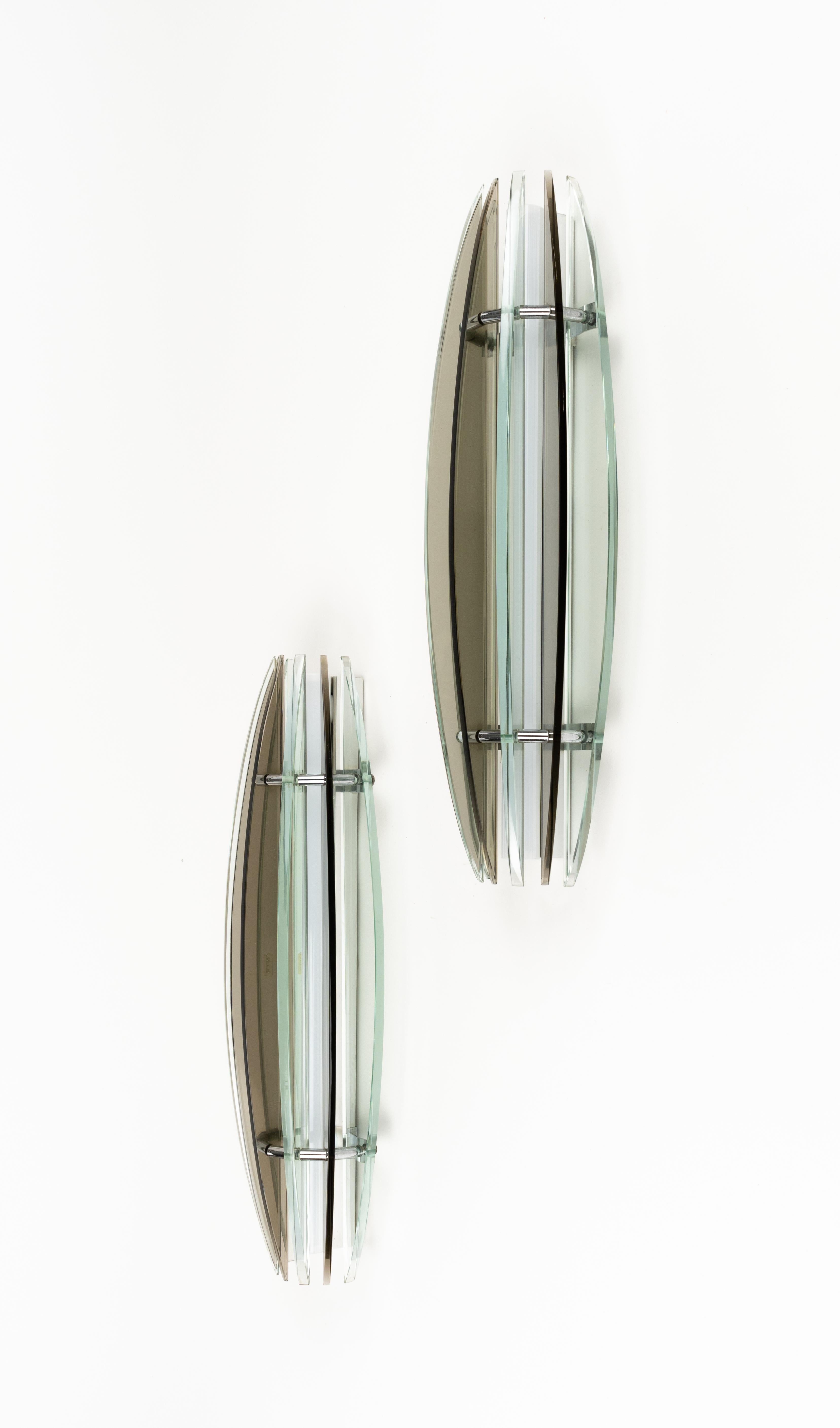 Midcentury Large Pair of Sconces in Colored Glass & Chrome by Veca, Italy, 1970s For Sale 1