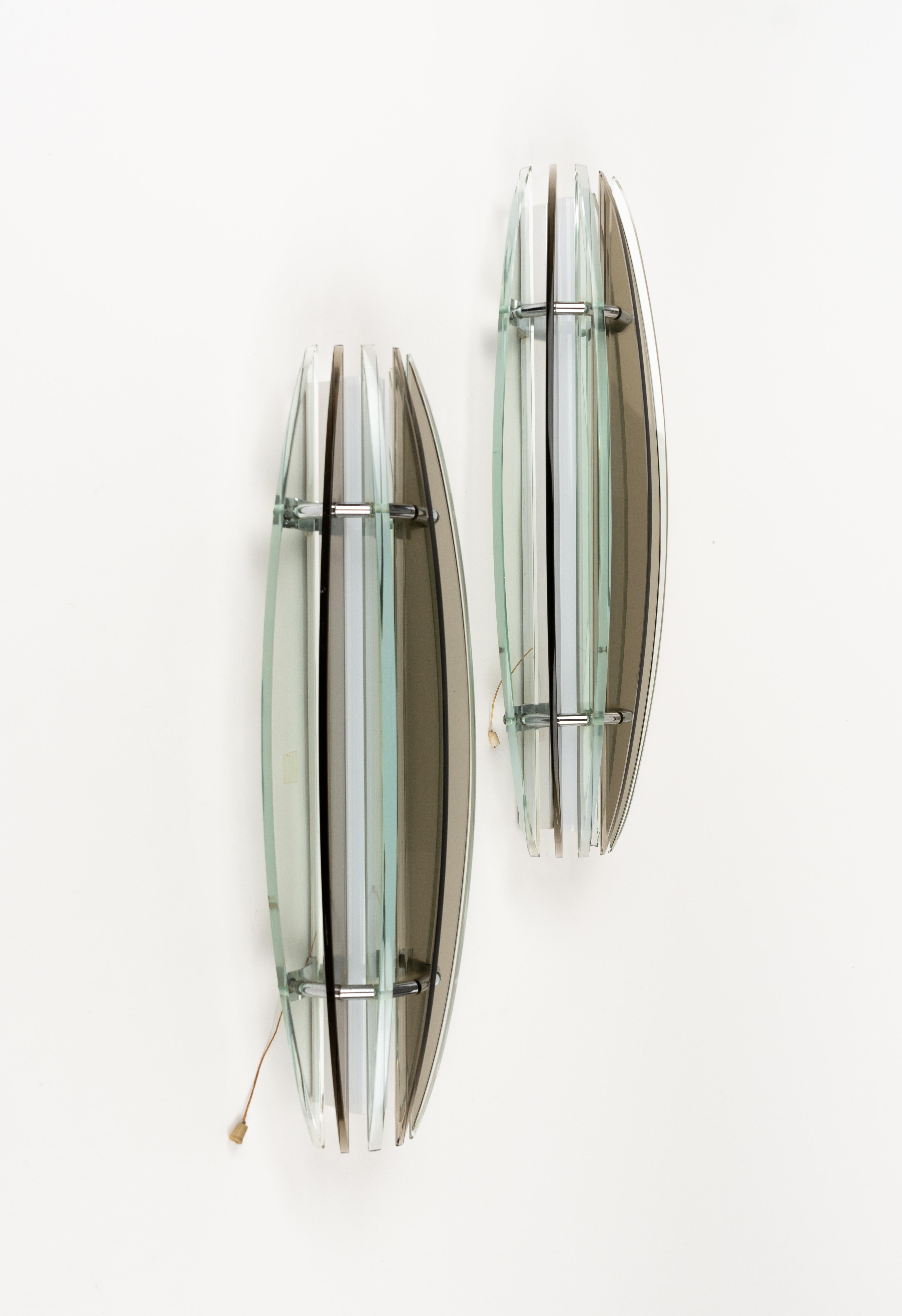 Midcentury Large Pair of Sconces in Colored Glass & Chrome by Veca, Italy, 1970s For Sale 2