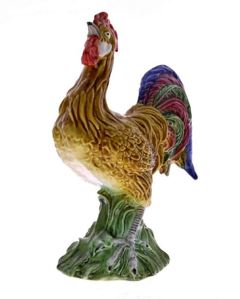 Large handcrafted pottery rooster sculpture, colorfully hand painted and glazed, Portugal circa 1950 - 1960, marked.
Measure: Height 16.50 in (42 cm)
Width: 12 in (30 cm).





 