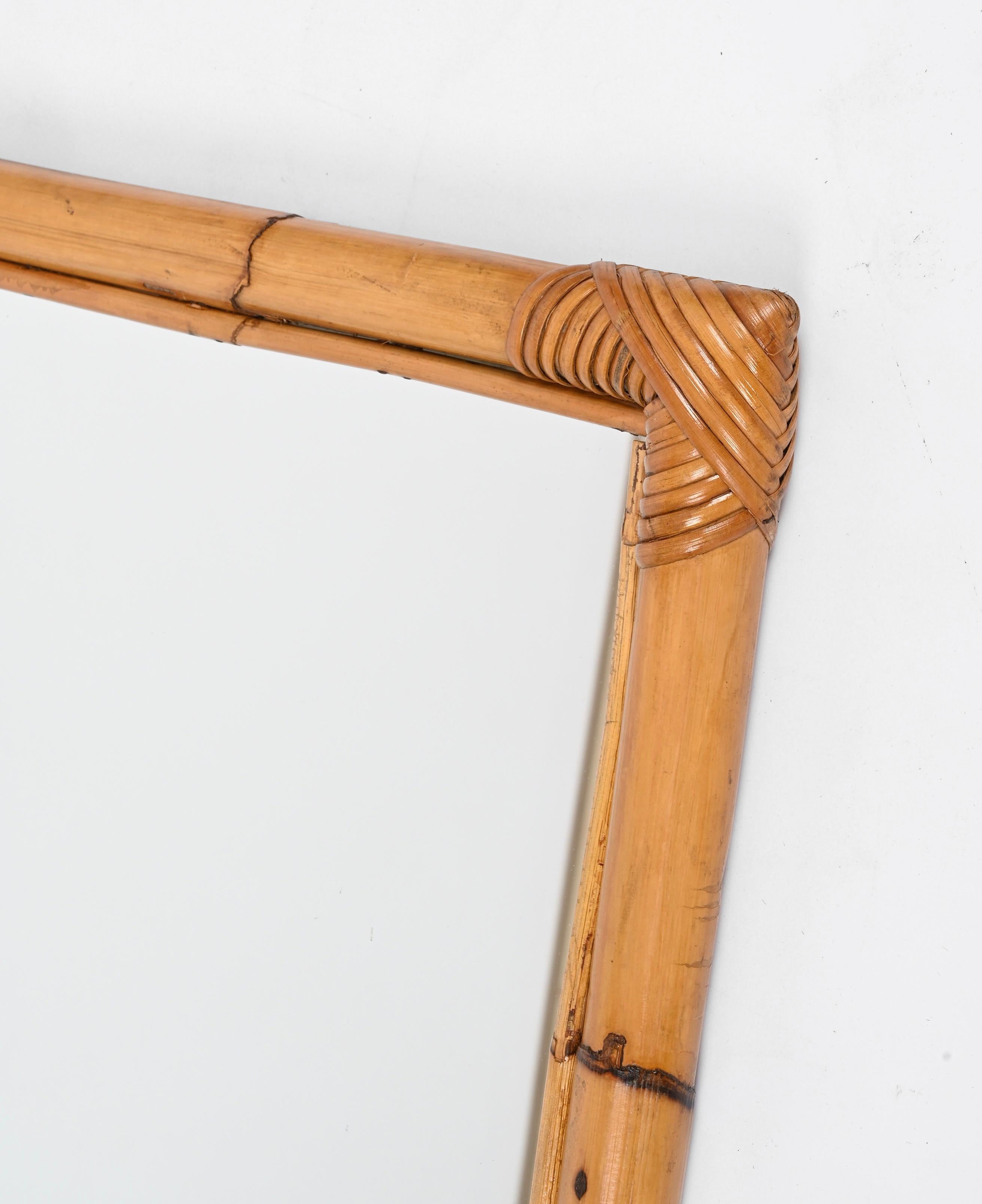 Midcentury Large Rectangular Italian Mirror with Double Bamboo Cane Frame, 1970s For Sale 2