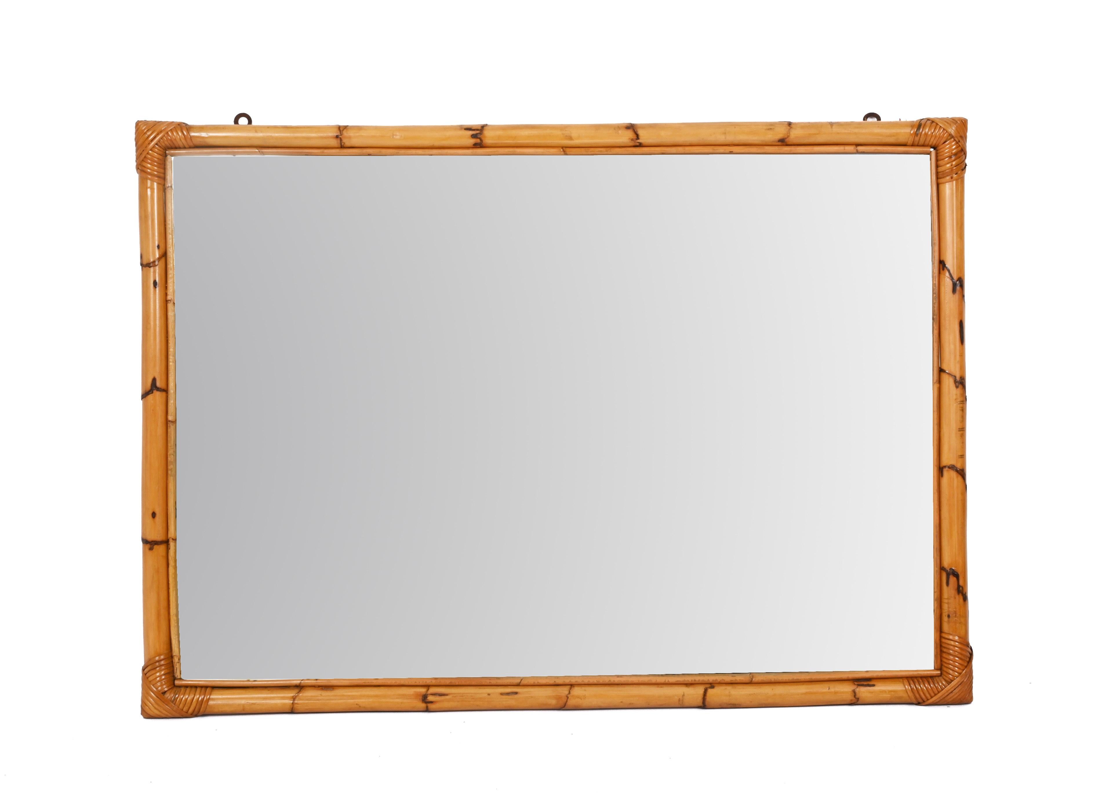 Midcentury Large Rectangular Italian Mirror with Double Bamboo Cane Frame, 1970s For Sale 5