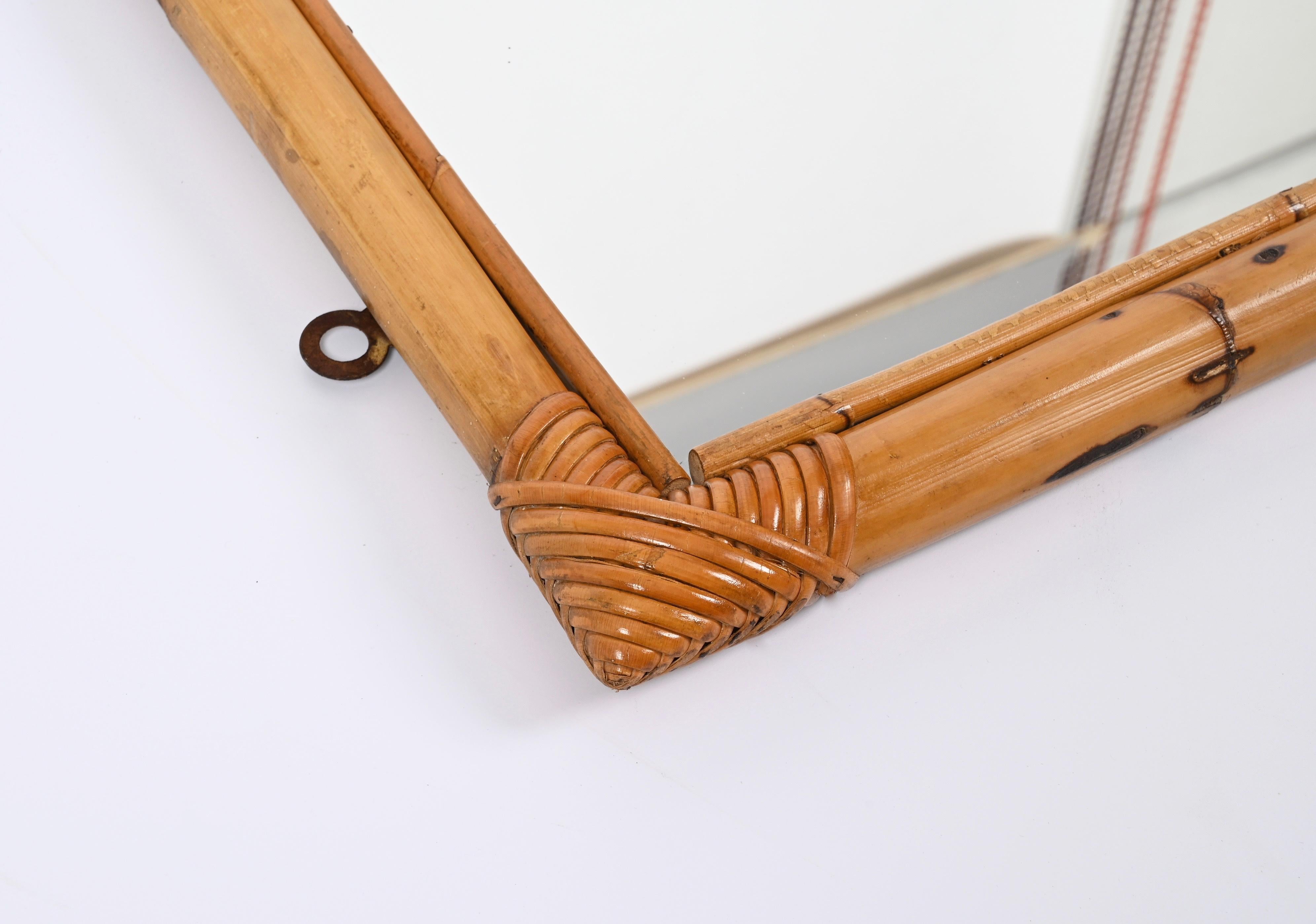 Midcentury Large Rectangular Italian Mirror with Double Bamboo Cane Frame, 1970s For Sale 6