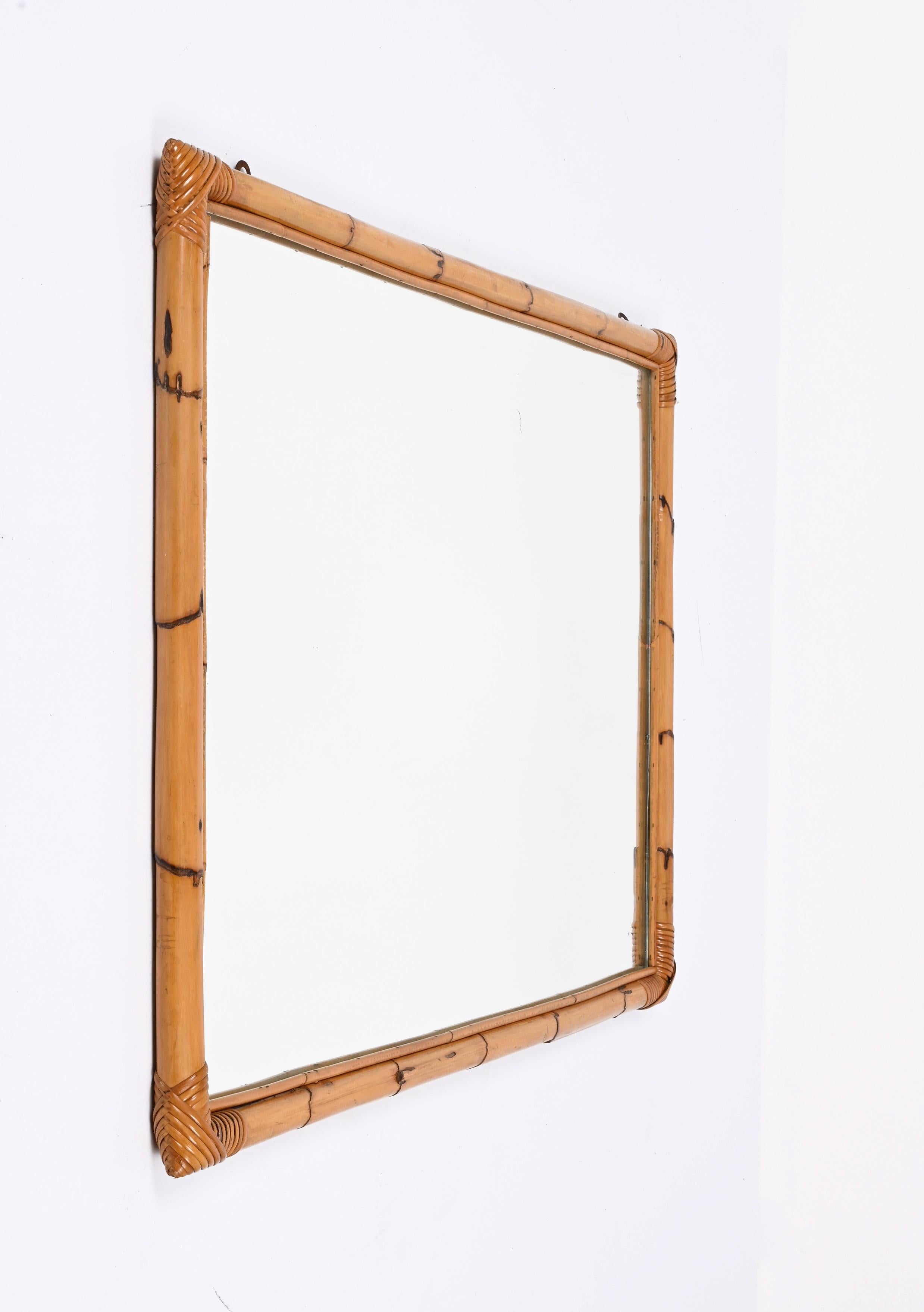 Midcentury Large Rectangular Italian Mirror with Double Bamboo Cane Frame, 1970s 5