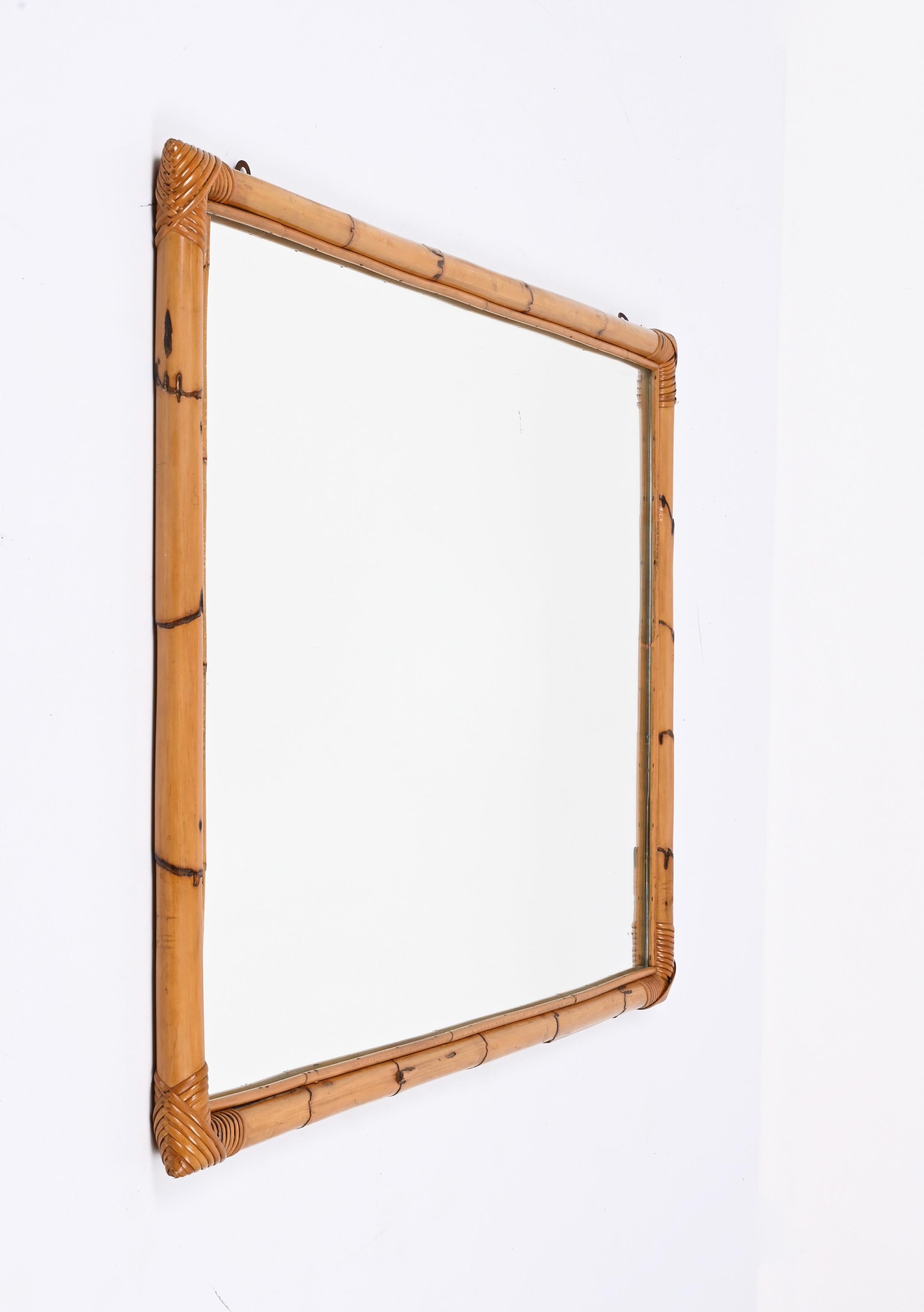 Midcentury Large Rectangular Italian Mirror with Double Bamboo Cane Frame, 1970s For Sale 5