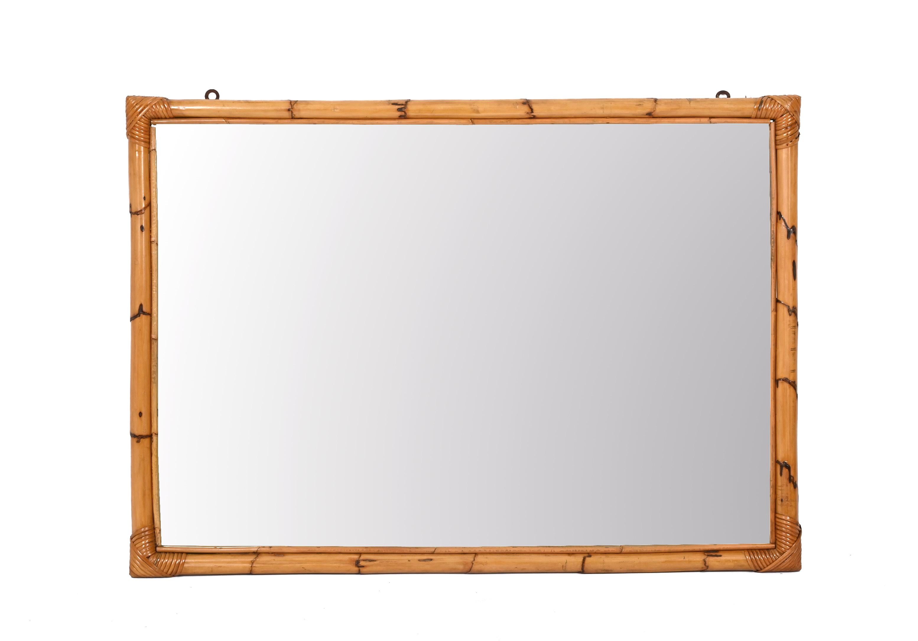 Midcentury Large Rectangular Italian Mirror with Double Bamboo Cane Frame, 1970s For Sale 6