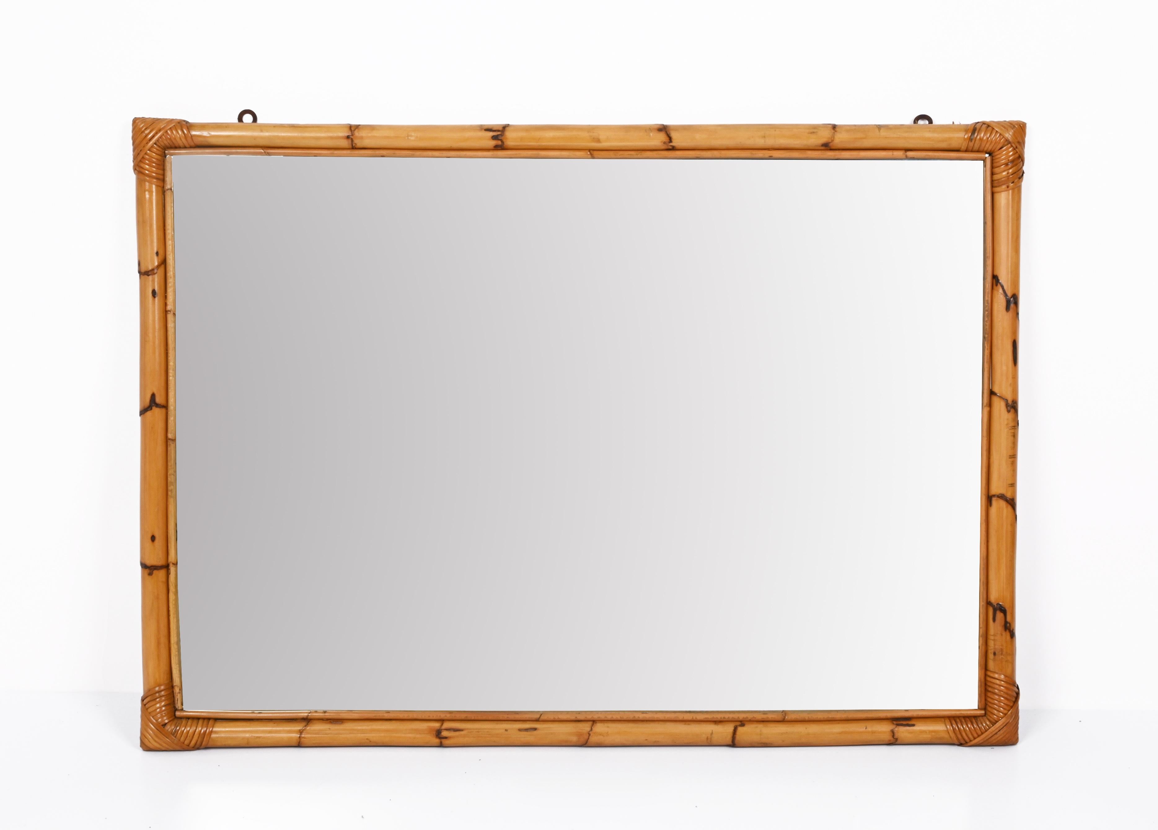 Midcentury Large Rectangular Italian Mirror with Double Bamboo Cane Frame, 1970s For Sale 7