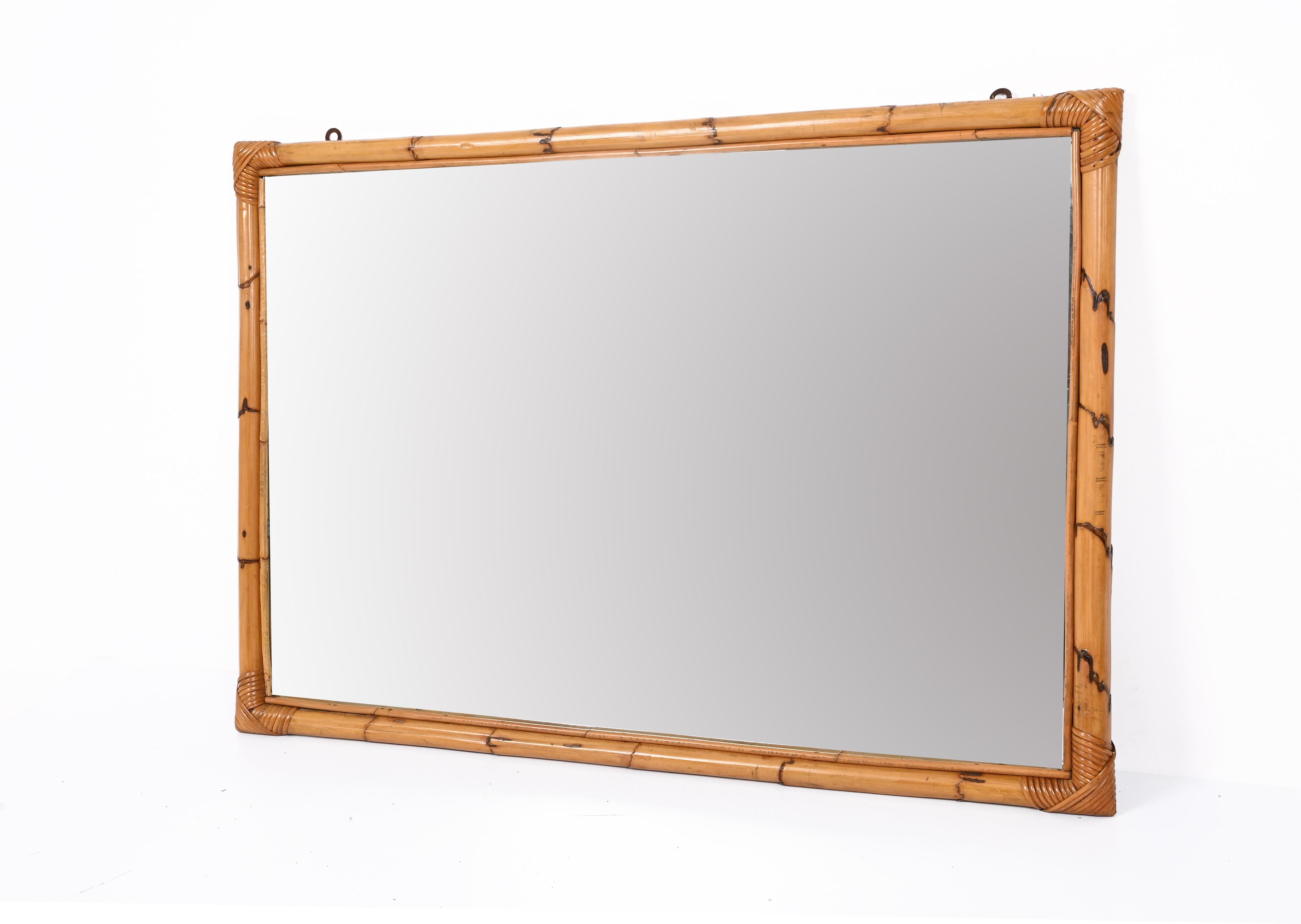 Midcentury Large Rectangular Italian Mirror with Double Bamboo Cane Frame, 1970s For Sale 10