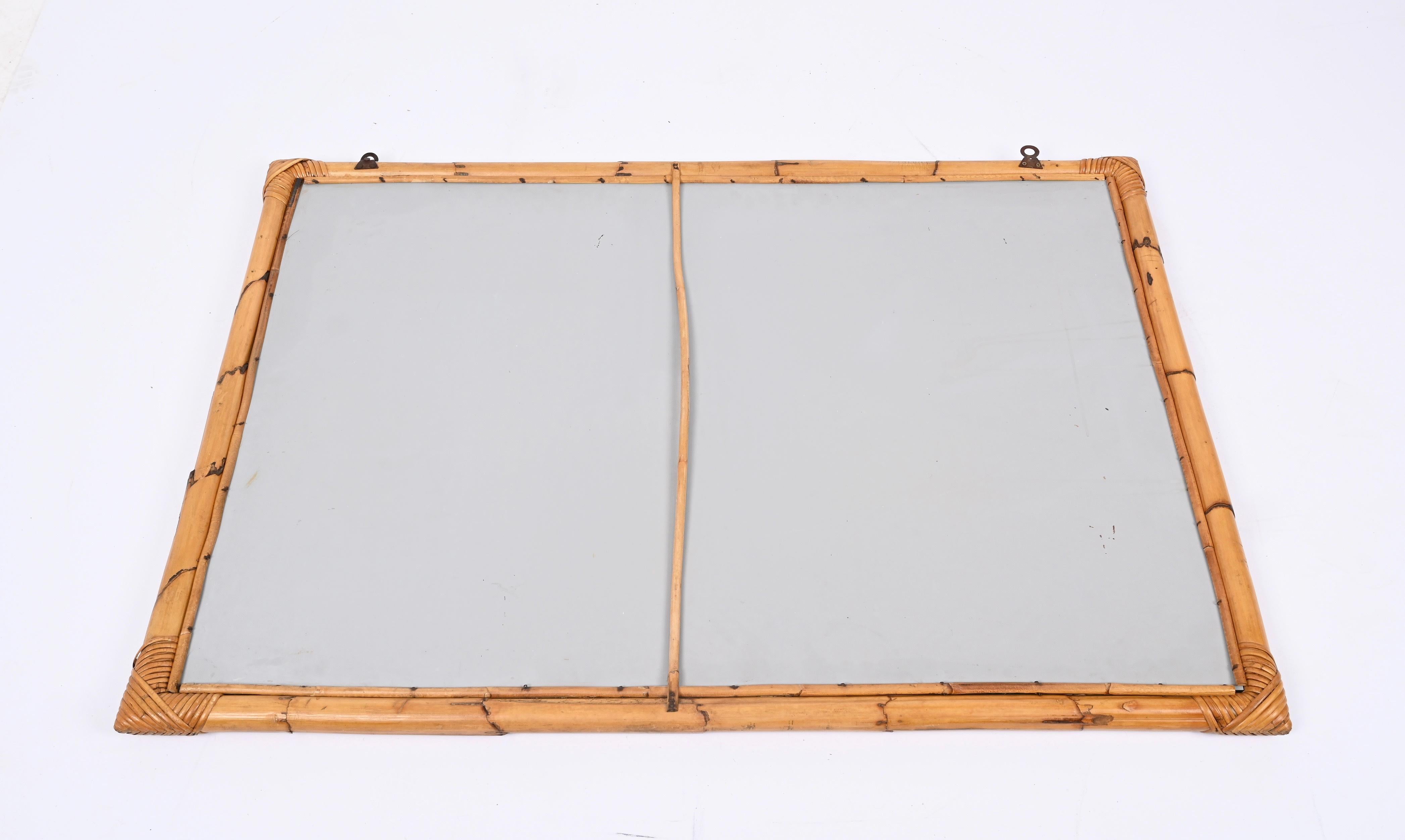 Midcentury Large Rectangular Italian Mirror with Double Bamboo Cane Frame, 1970s For Sale 11