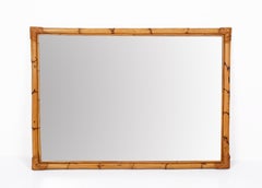 Midcentury Large Rectangular Italian Mirror with Double Bamboo Cane Frame, 1970s