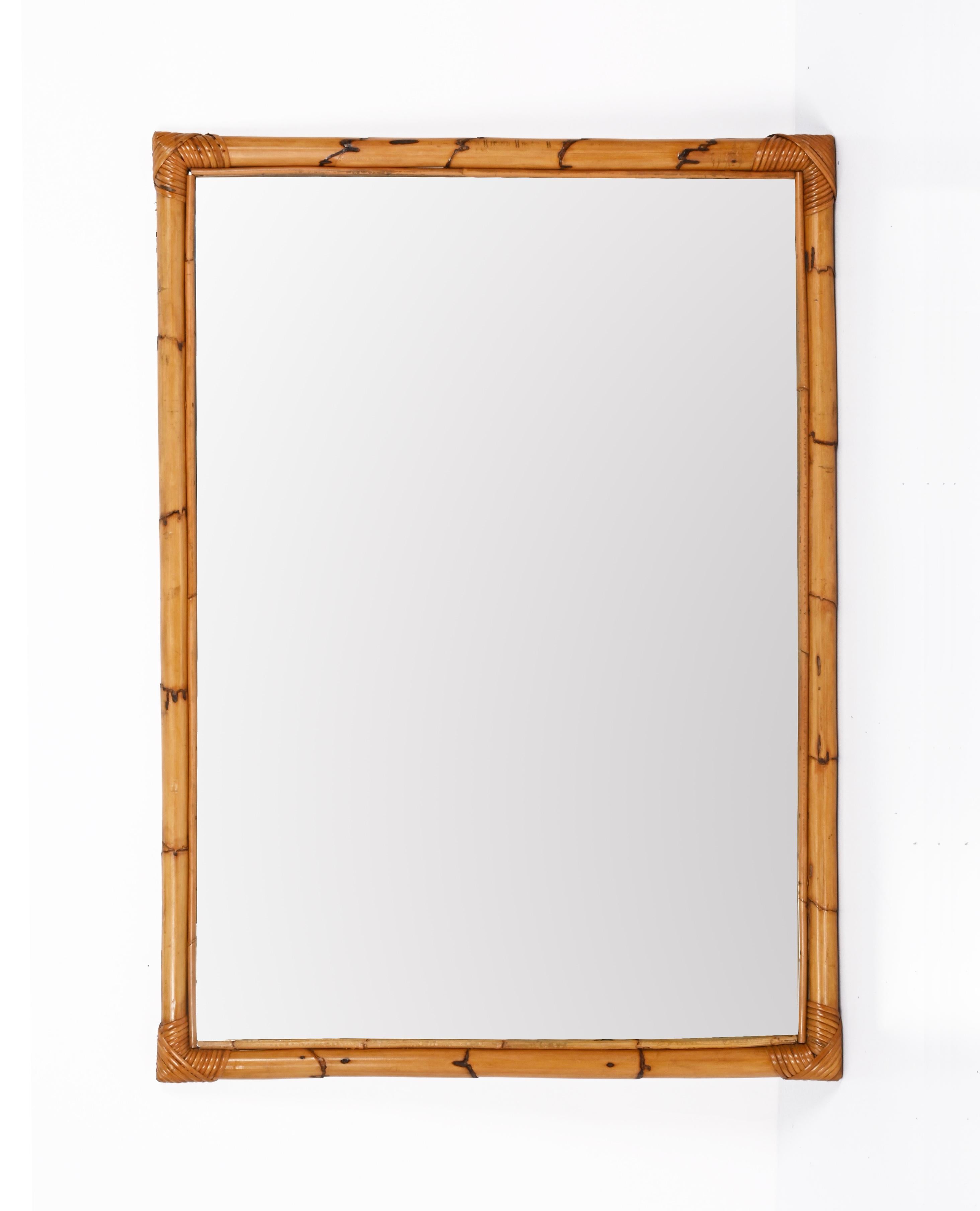 Mid-Century Modern Midcentury Large Rectangular Italian Mirror with Double Bamboo Cane Frame, 1970s For Sale