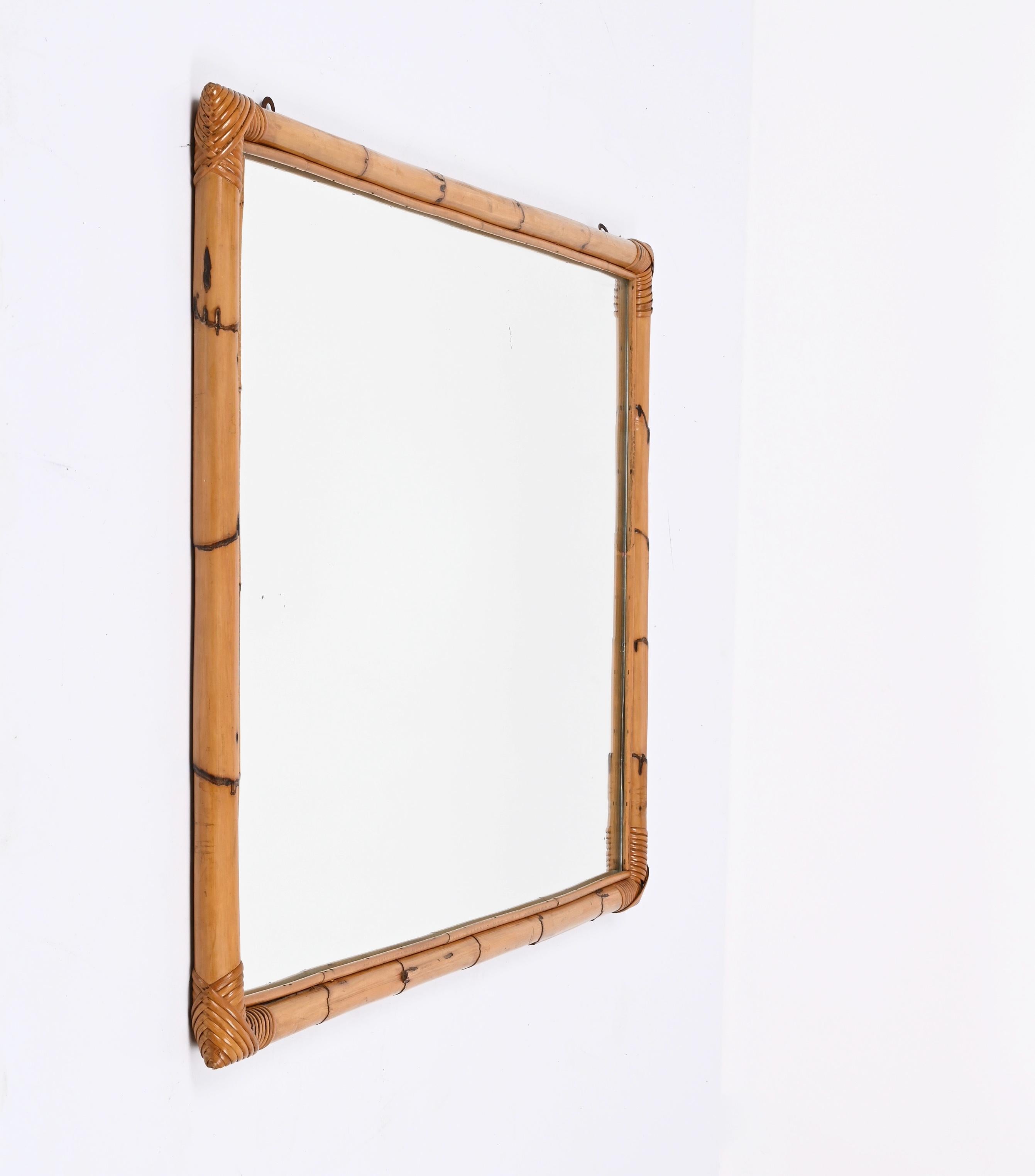 Midcentury Large Rectangular Italian Mirror with Double Bamboo Cane Frame, 1970s In Good Condition For Sale In Roma, IT
