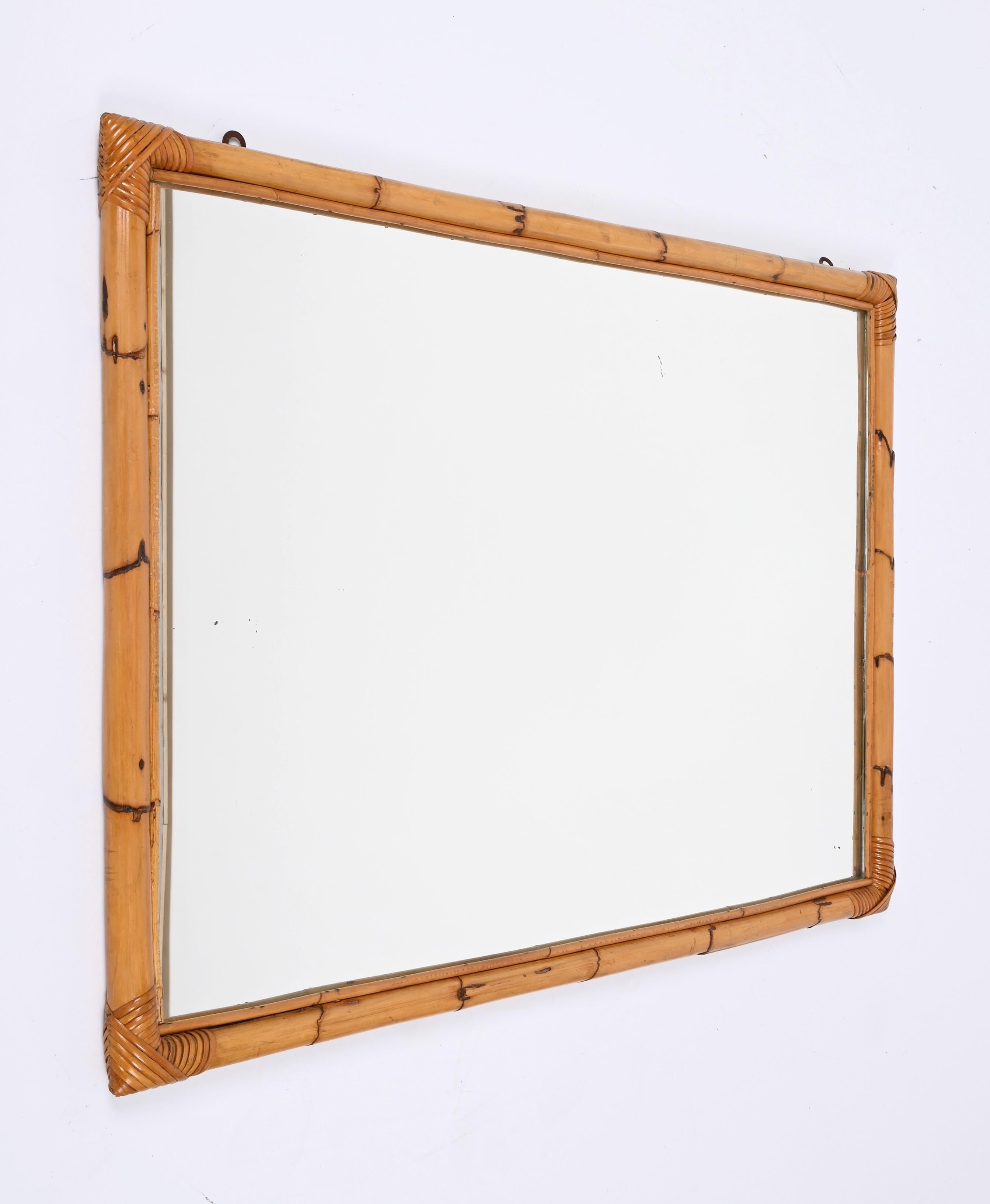 20th Century Midcentury Large Rectangular Italian Mirror with Double Bamboo Cane Frame, 1970s For Sale