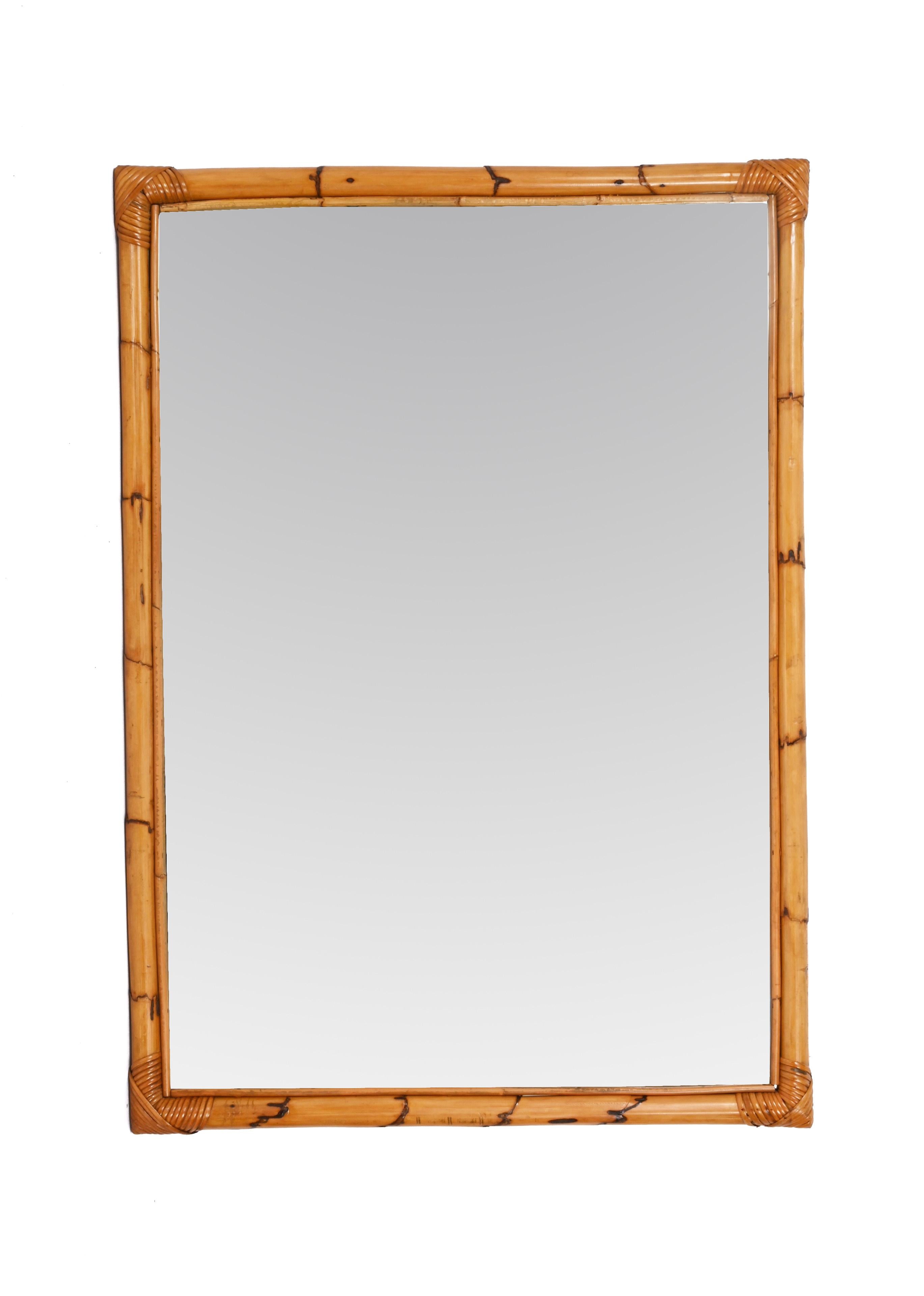Midcentury Large Rectangular Italian Mirror with Double Bamboo Cane Frame, 1970s For Sale 1