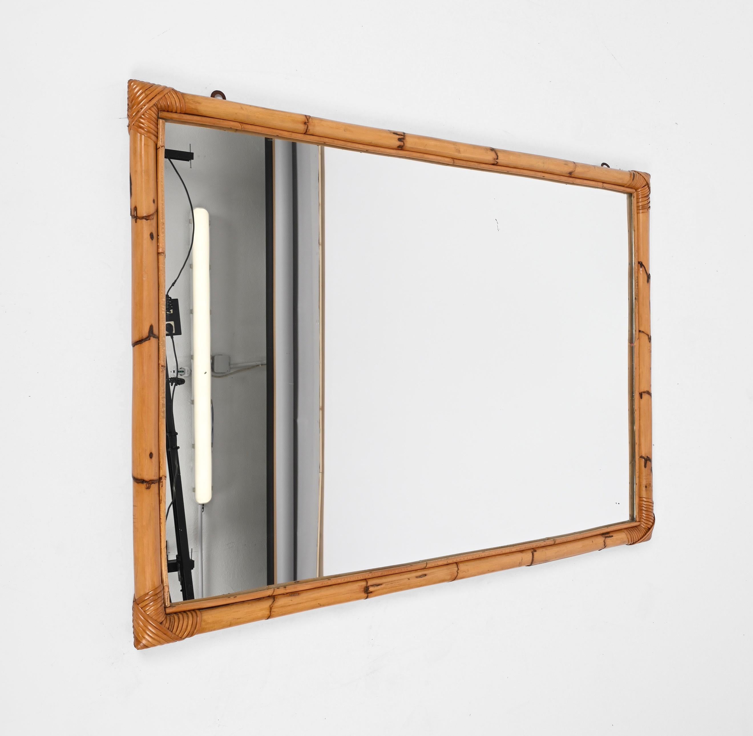 20th Century Midcentury Large Rectangular Italian Mirror with Double Bamboo Cane Frame, 1970s For Sale