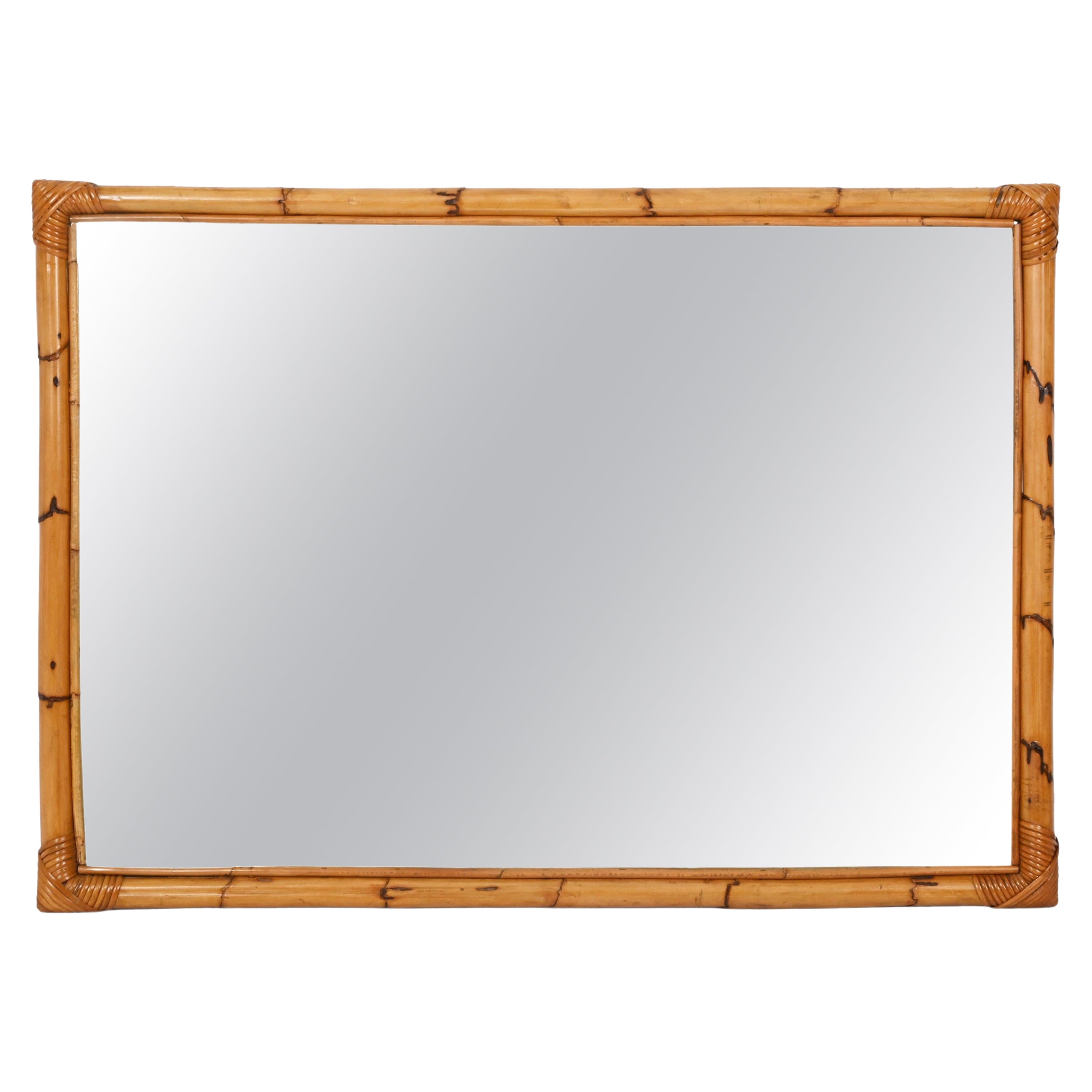 Midcentury Large Rectangular Italian Mirror with Double Bamboo Cane Frame, 1970s