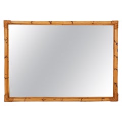 Midcentury Large Rectangular Italian Mirror with Double Bamboo Cane Frame, 1970s