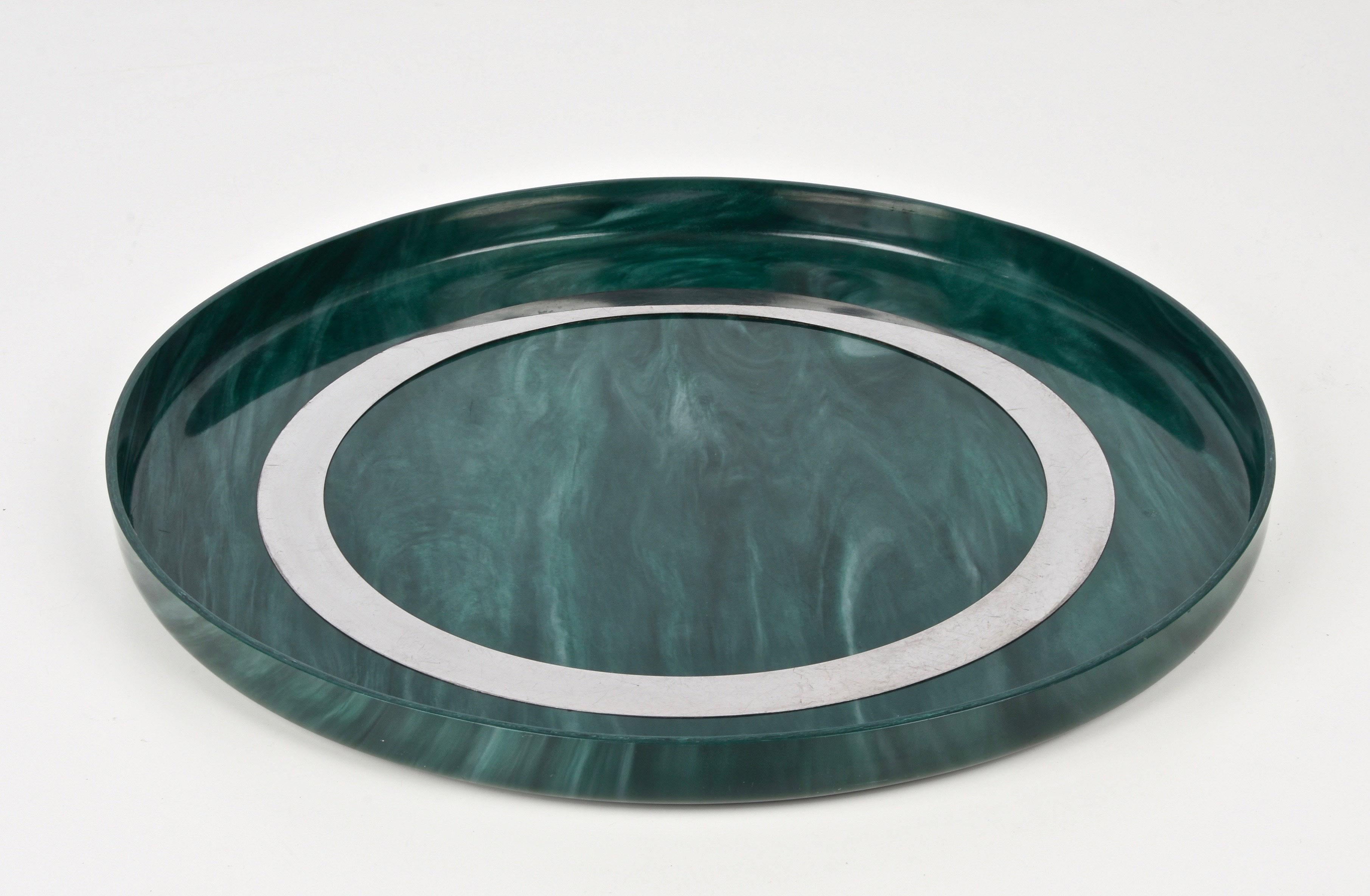Mid-Century Modern Midcentury Large Round GreenBakelite and Steel Italian Round Serving Tray, 1980s For Sale