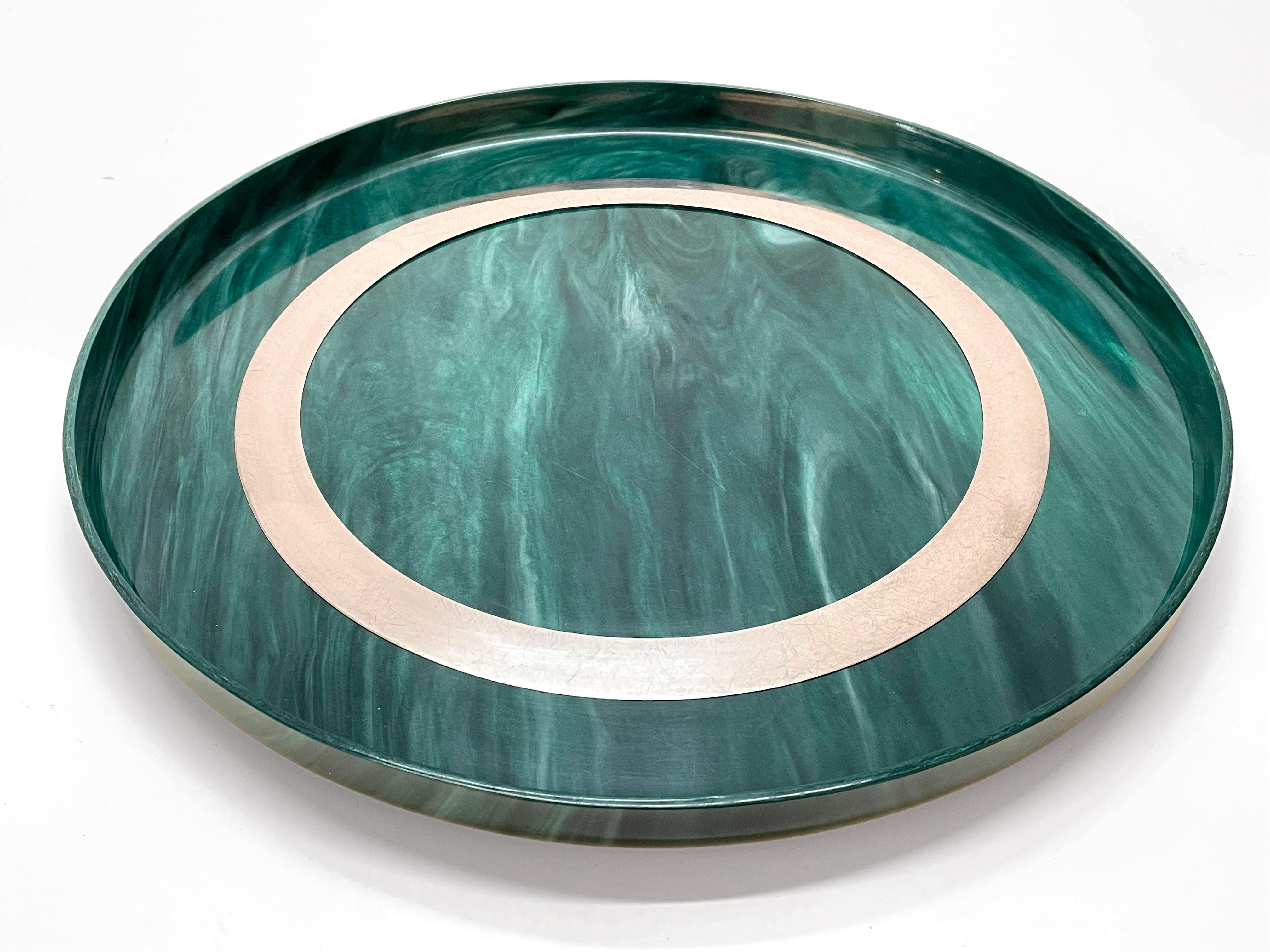 Midcentury Large Round GreenBakelite and Steel Italian Round Serving Tray, 1980s In Good Condition For Sale In Roma, IT