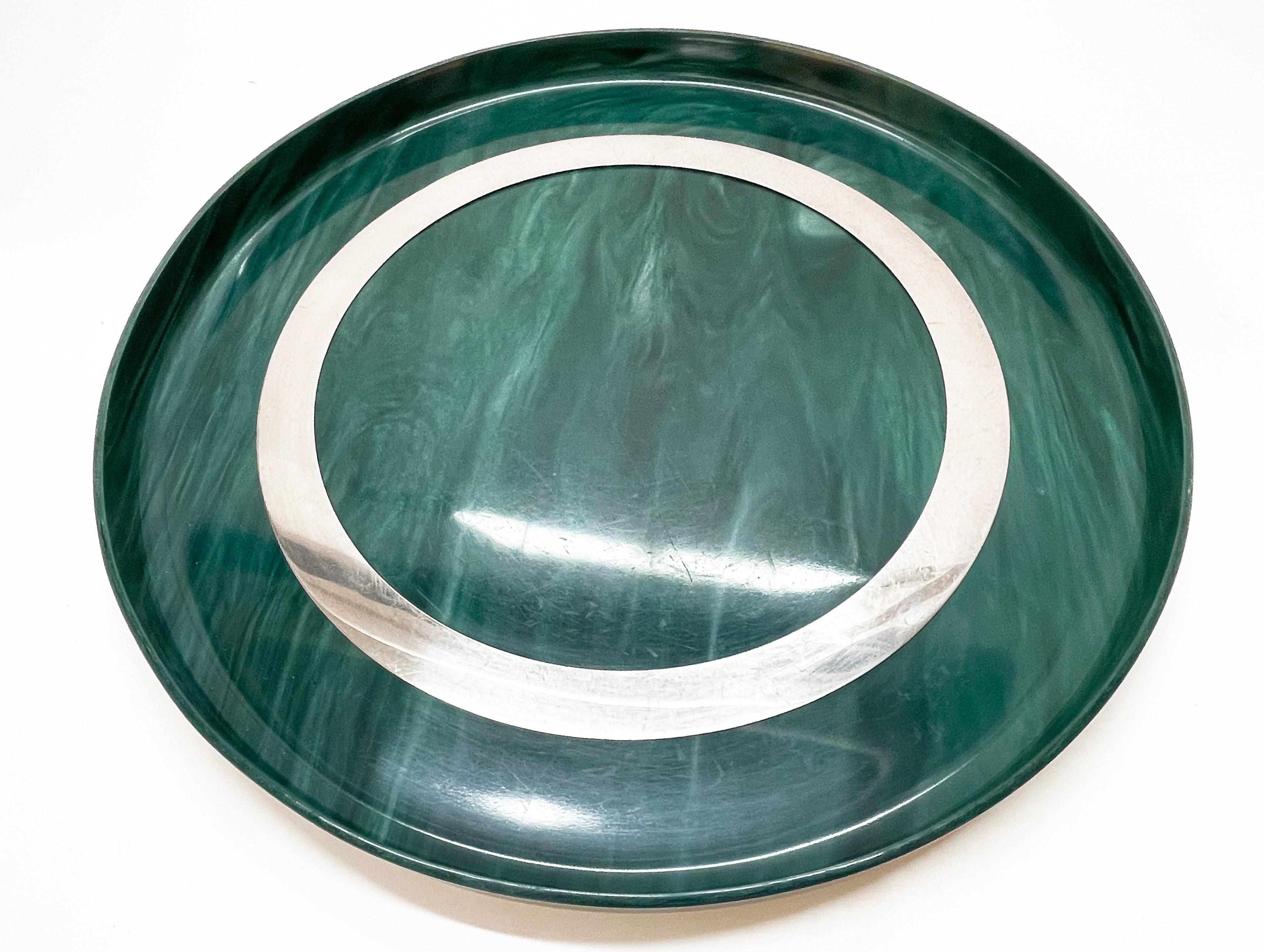 20th Century Midcentury Large Round GreenBakelite and Steel Italian Round Serving Tray, 1980s For Sale