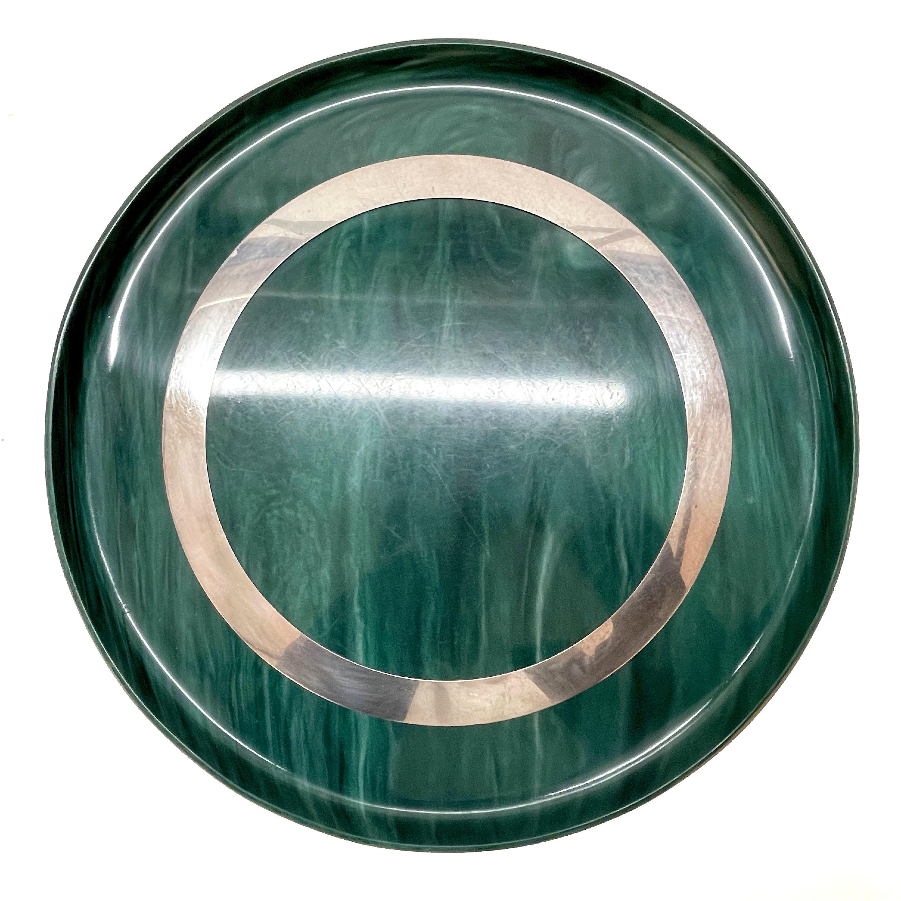 Midcentury Large Round GreenBakelite and Steel Italian Round Serving Tray, 1980s For Sale 1